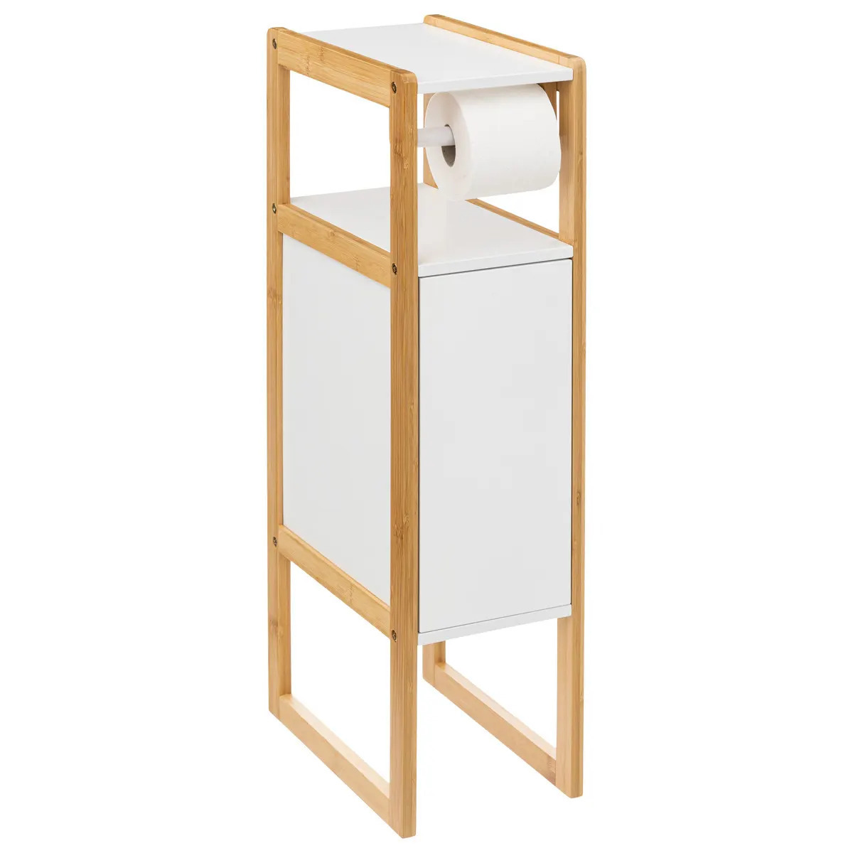 5five Wc/toiletrolhouder met kastje - wit - bamboe hout - staand - 33 x 20 x 80 cm -