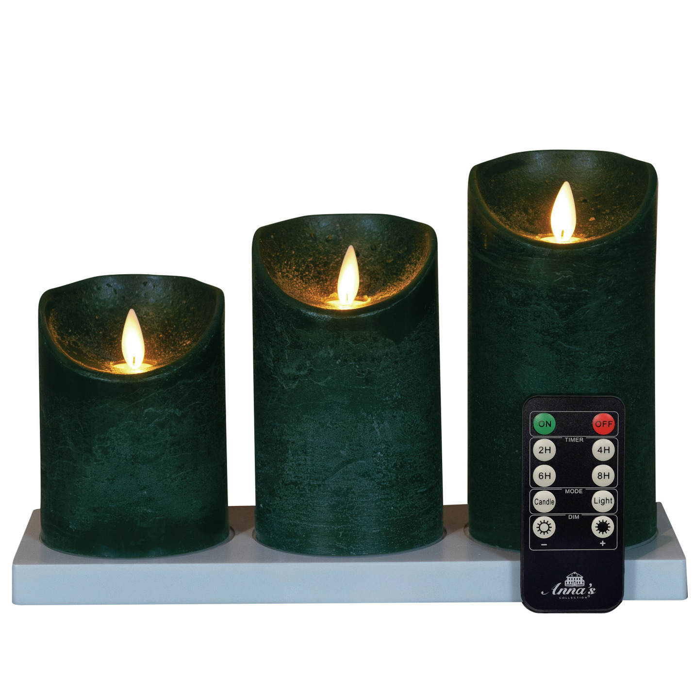 Anna's Collection Oplaadbare LED kaarsen - 3x - donkergroen - oplaadstation - stompkaarsen -