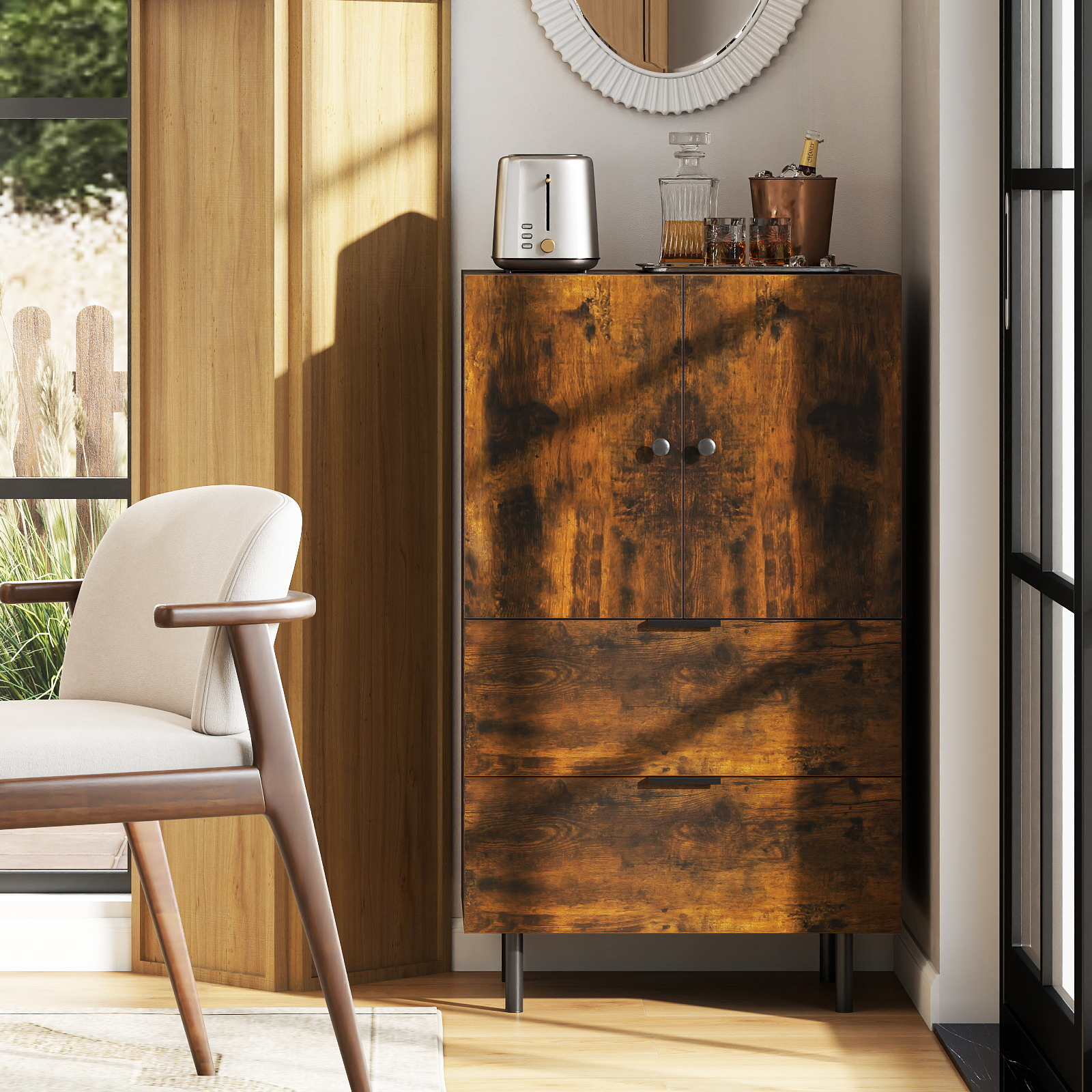 Costway Dressoir van Hout met Metalen Poten Buffetkast Serveerder met Lades & deuren 60 x 41,5 x 102 cm Koffie