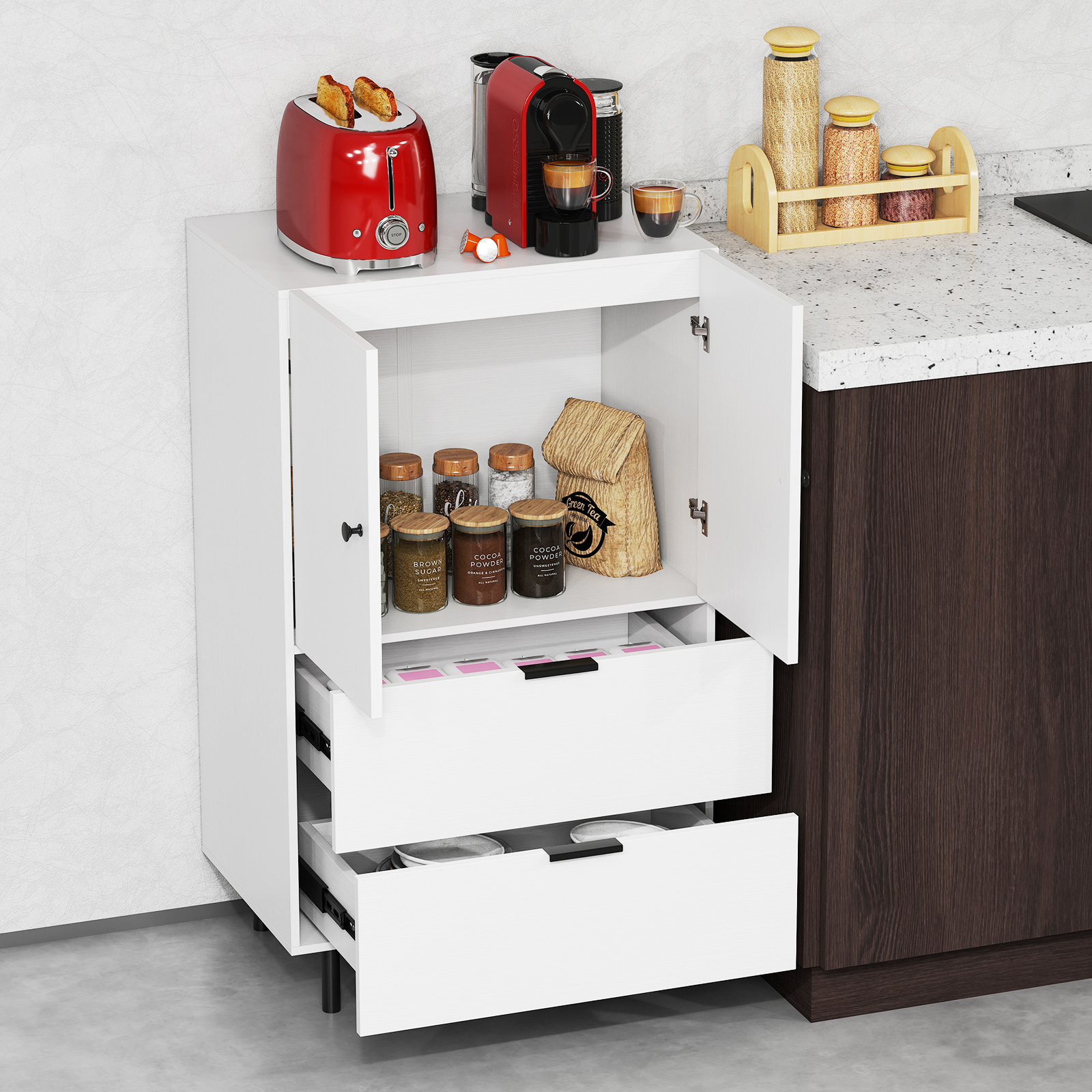 Costway Dressoir van Hout met Metalen Poten Buffetkast Serveerder met Lades en Deuren 60 x 41,5 x 102 cm Wit