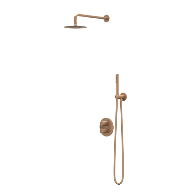 Ivy Pact Regendoucheset - inbouw - 2-weg stop-omstel - 40cm wandarm - 25cm slim hoofddouche rond - houder met uitlaat - 150cm doucheslang - 3-standen handdouche - Geborsteld mat koper PVD CSP2GKBBAA