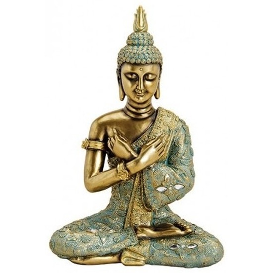 Merkloos Boeddha beeldje - goud/groen - tuin en woondecoratie - 33 cm - voor binnen en buiten - zittend medit -