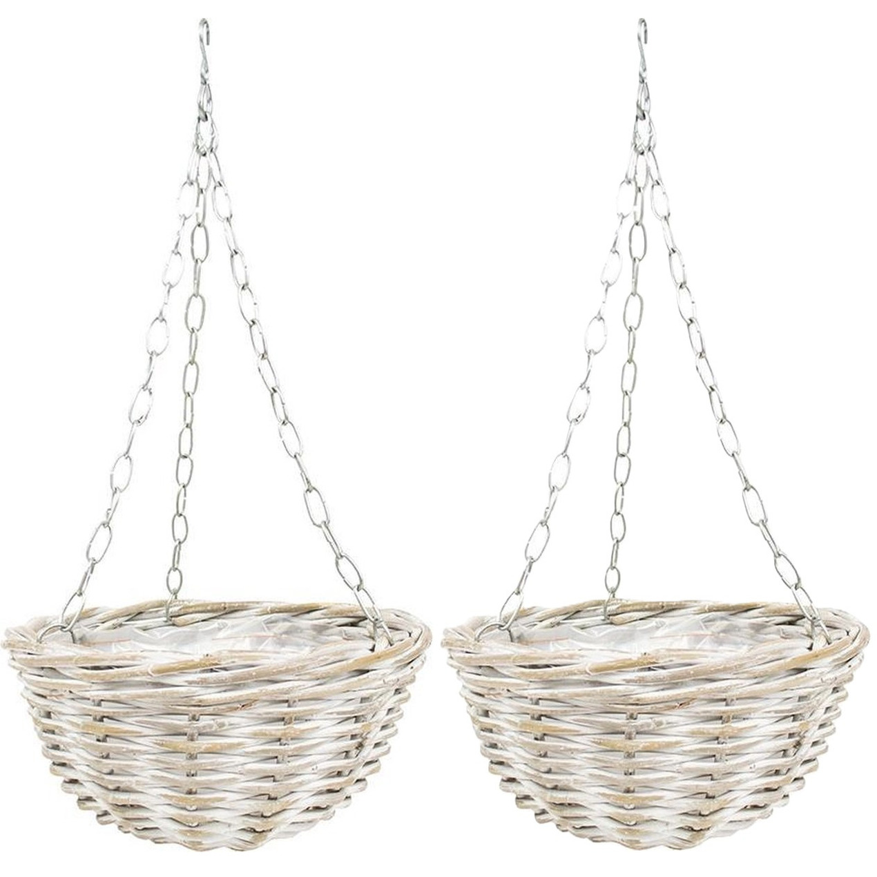 Van der Leeden Hangmand - 2x - wit - D30 cm - rotan gevlochten - hangende plantenbak - aan ketting - hanging basket -