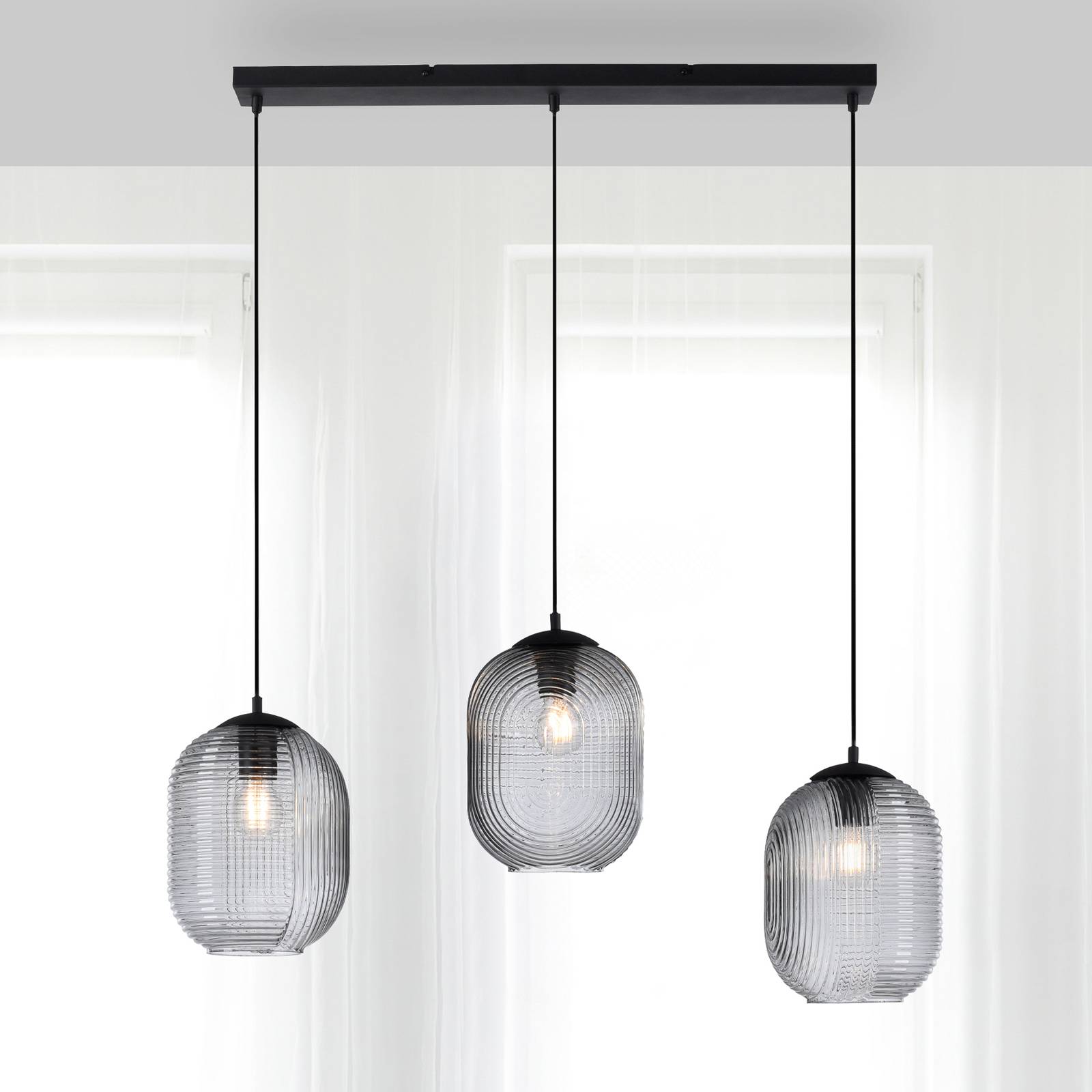 PAUL NEUHAUS Shitake hanglamp, rookgrijs, glas, 86 cm, E27