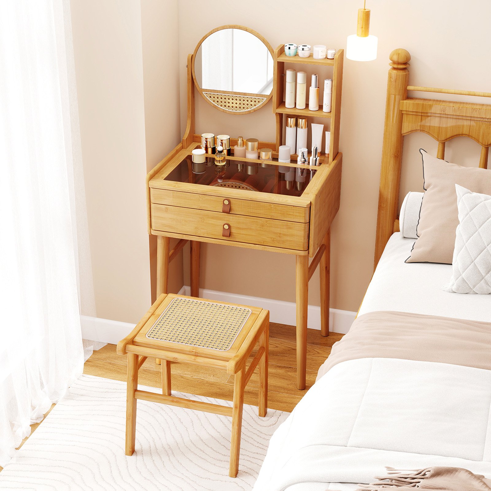 Costway Kleine Make-up Tafel met Spiegel 60 cm Compacte Kaptafel met 2 Lades Open Planken Natuur