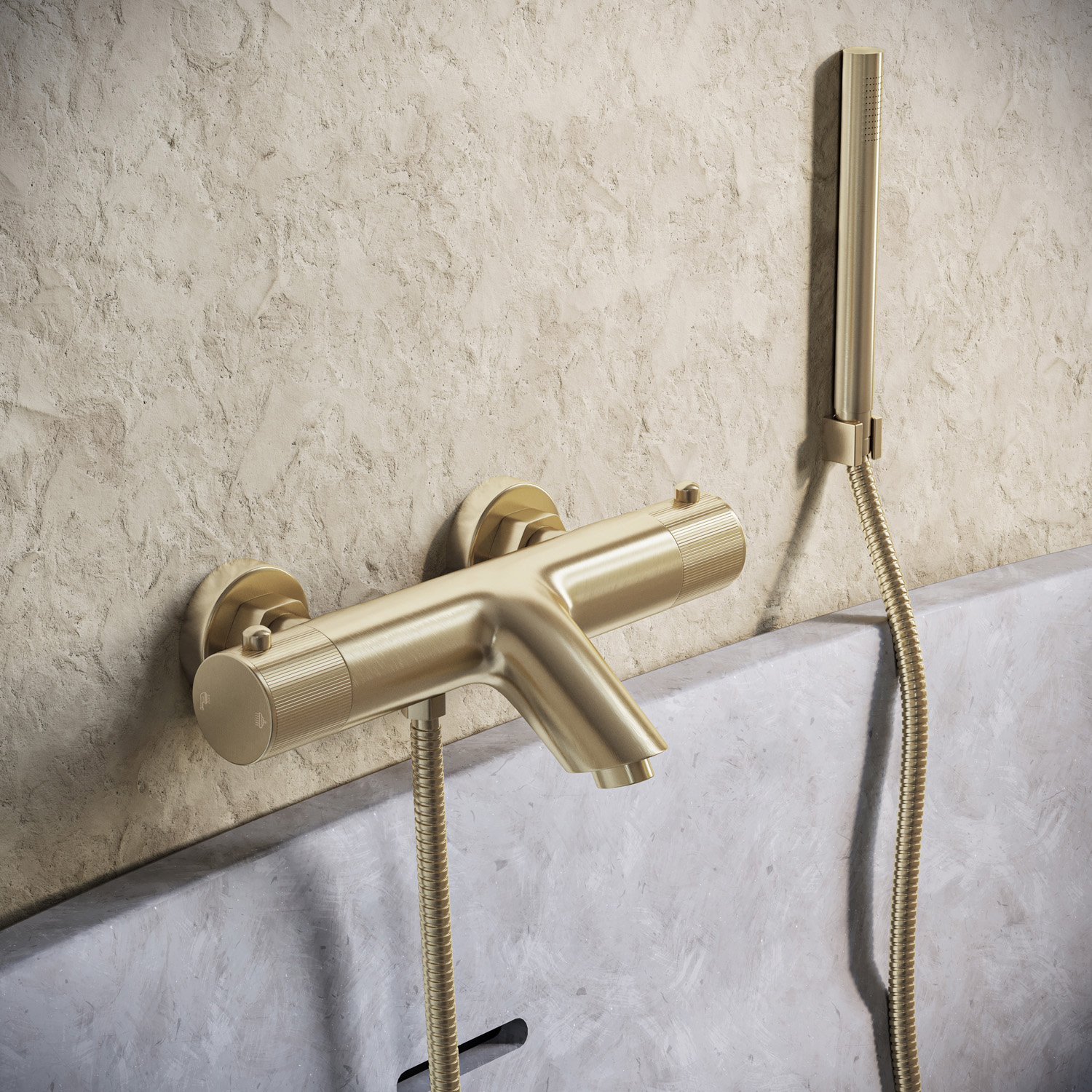 Saniclear Brass Stripes thermostatische opbouw badkraan met handdouche geborsteld messing - mat goud