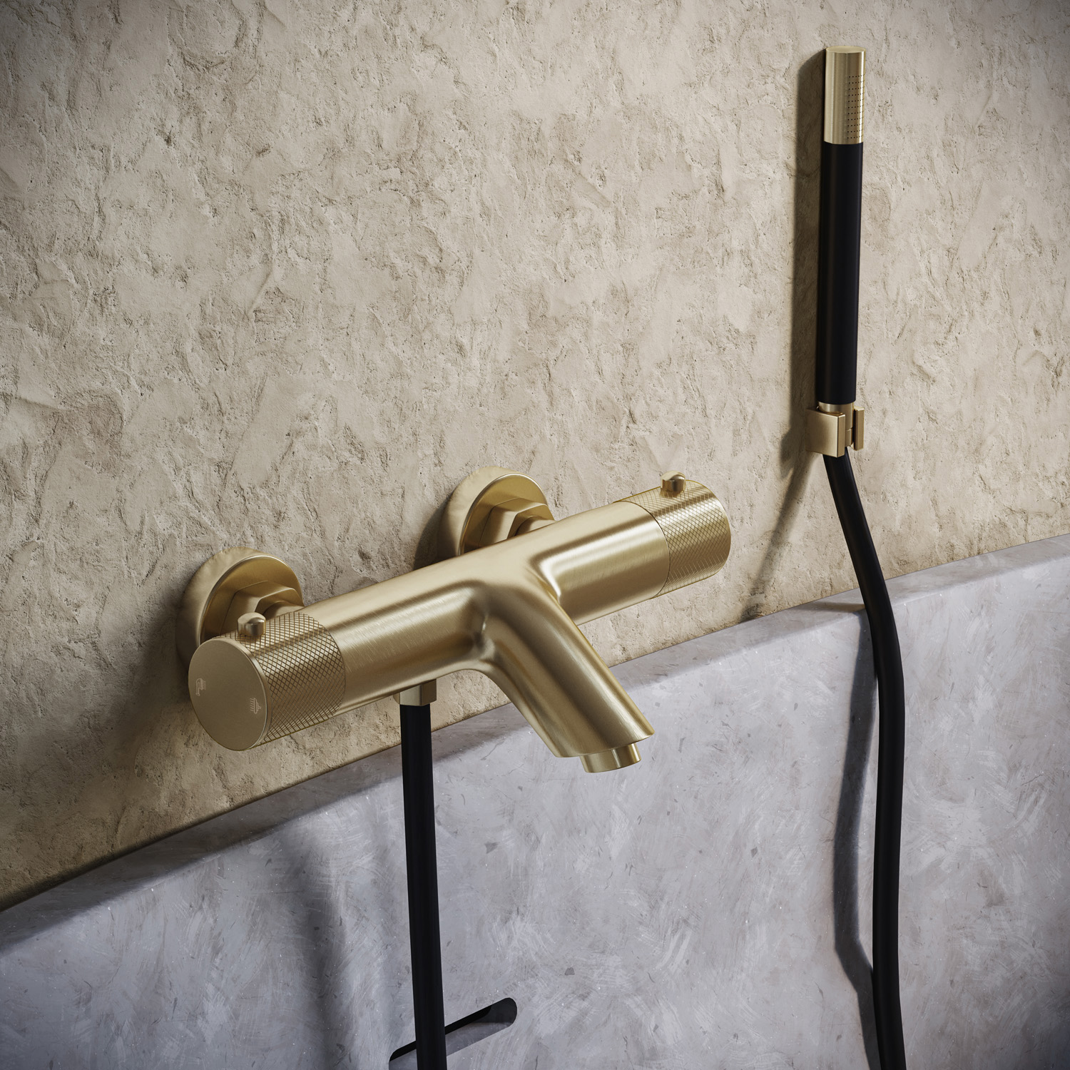Saniclear Brass Curved Pro thermostatische opbouw badkraan met handdouche geborsteld messing - mat goud