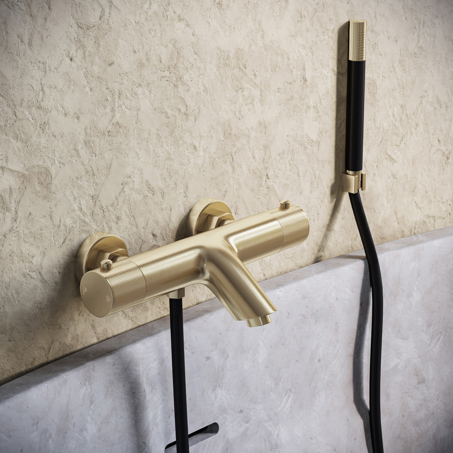 Saniclear Brass Stripes Pro thermostatische opbouw badkraan met handdouche geborsteld messing - mat goud