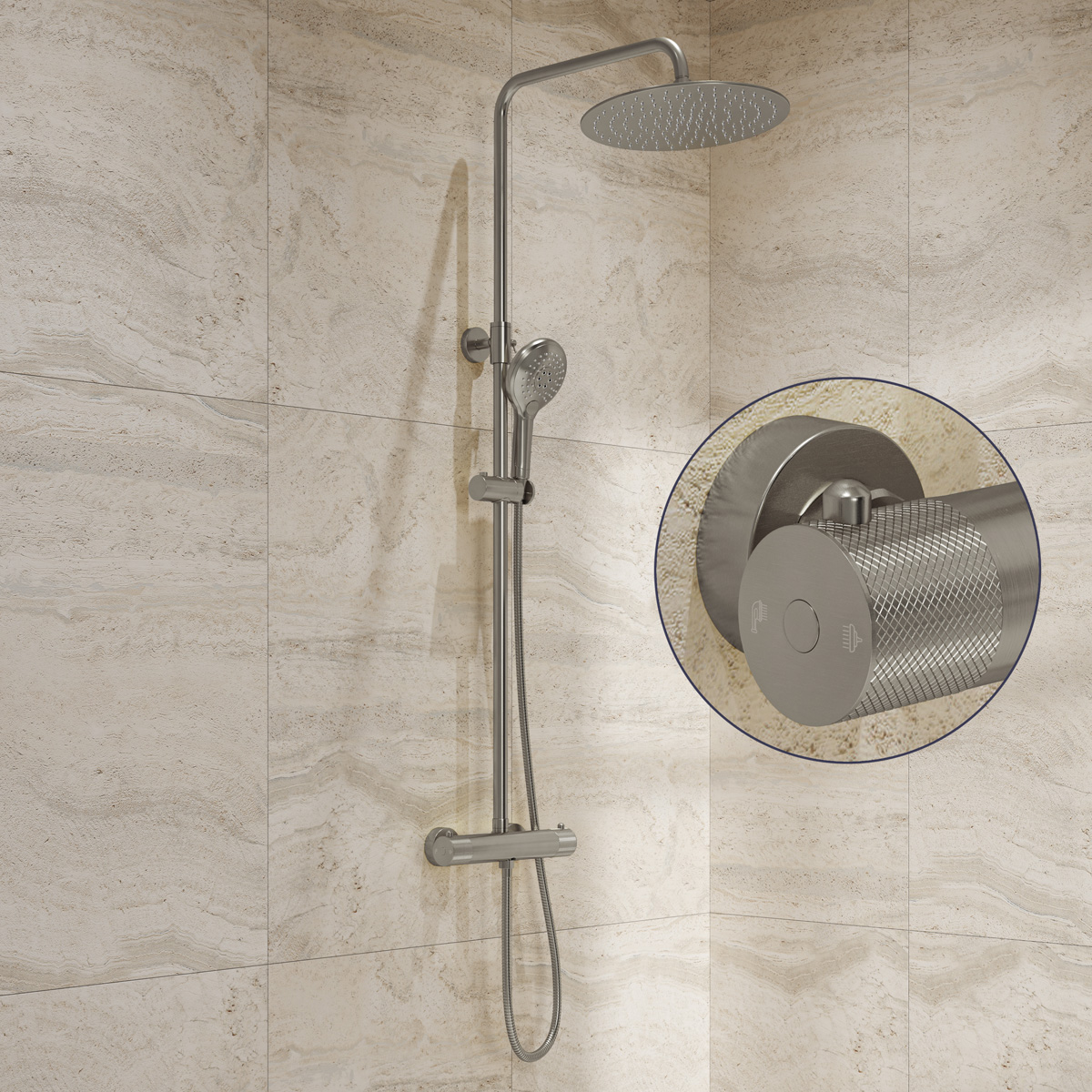 Saniclear Evolution Curved opbouw regendouche RVS met 20cm hoofddouche en 2 standen handdouche