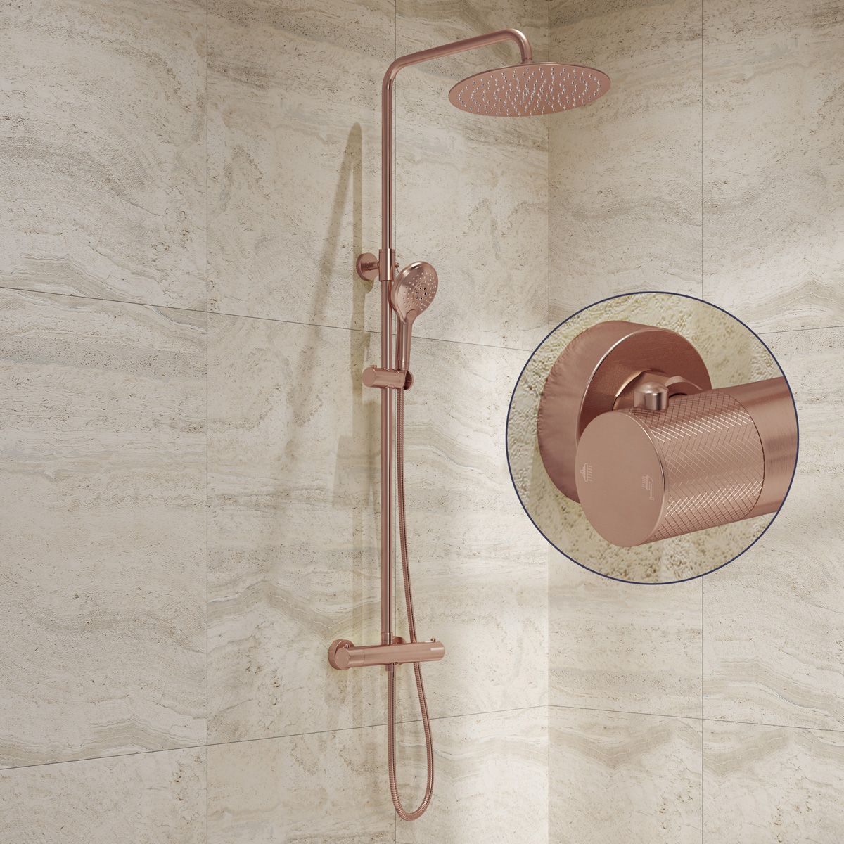 Saniclear Evolution Curved opbouw regendouche geborsteld koper met 20cm hoofddouche en 2 standen handdouche
