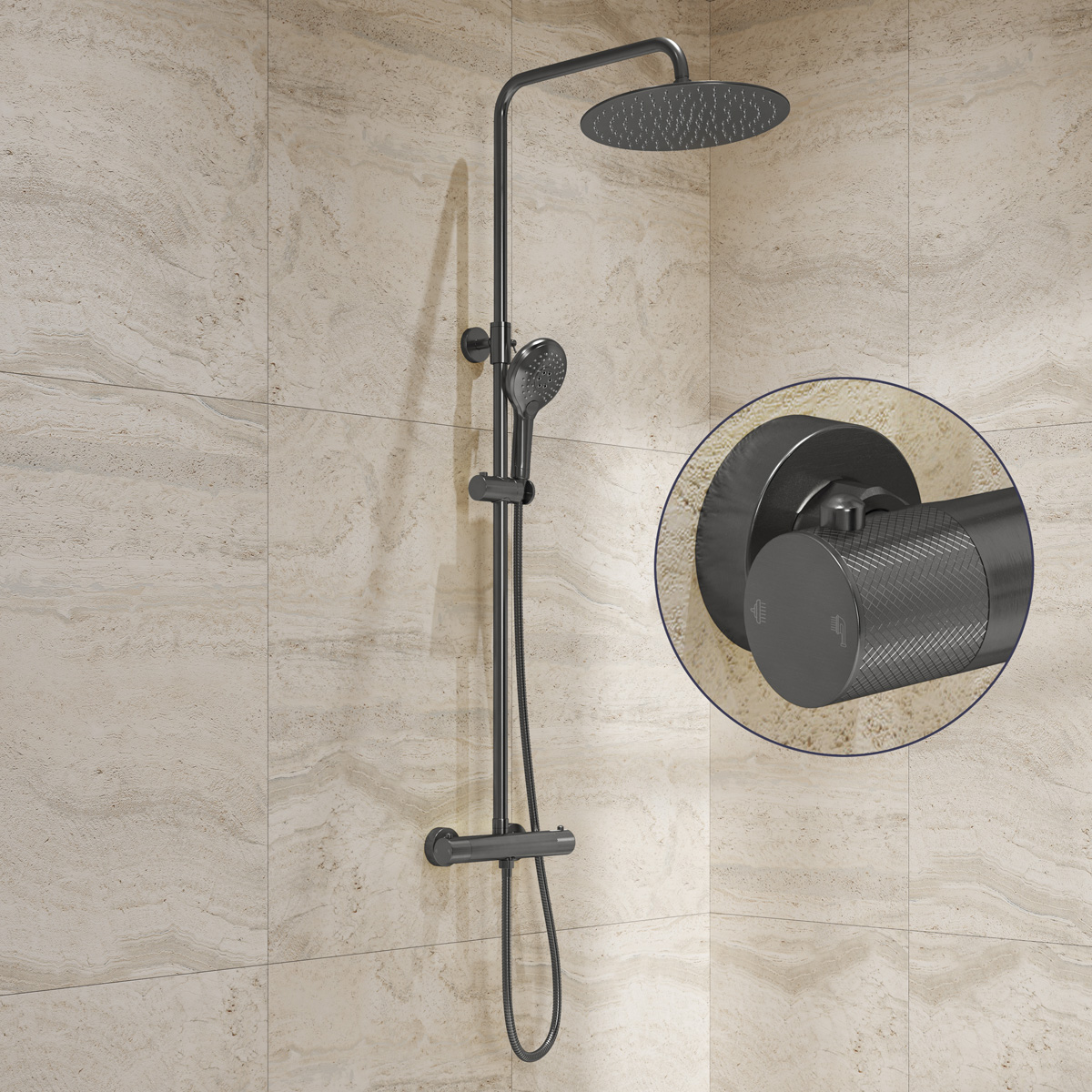Saniclear Evolution Curved opbouw regendouche verouderd ijzer / gunmetal met 20cm hoofddouche en 2 standen handdouche