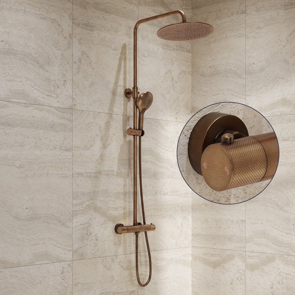 Saniclear Evolution Curved opbouw regendouche verouderd messing met 20cm hoofddouche en 2 standen handdouche