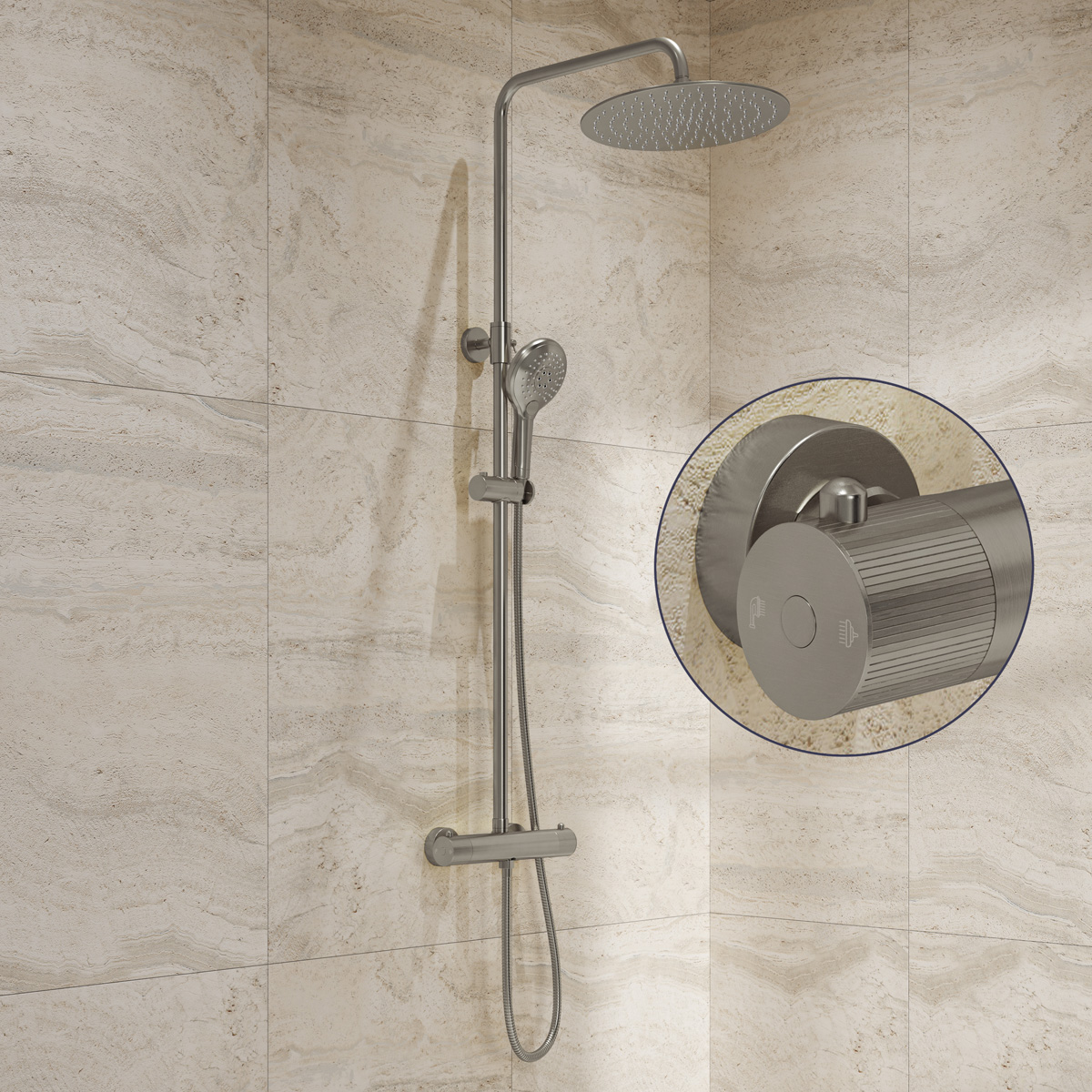 Saniclear Evolution Stripes opbouw regendouche RVS met 20cm hoofddouche en 2 standen handdouche