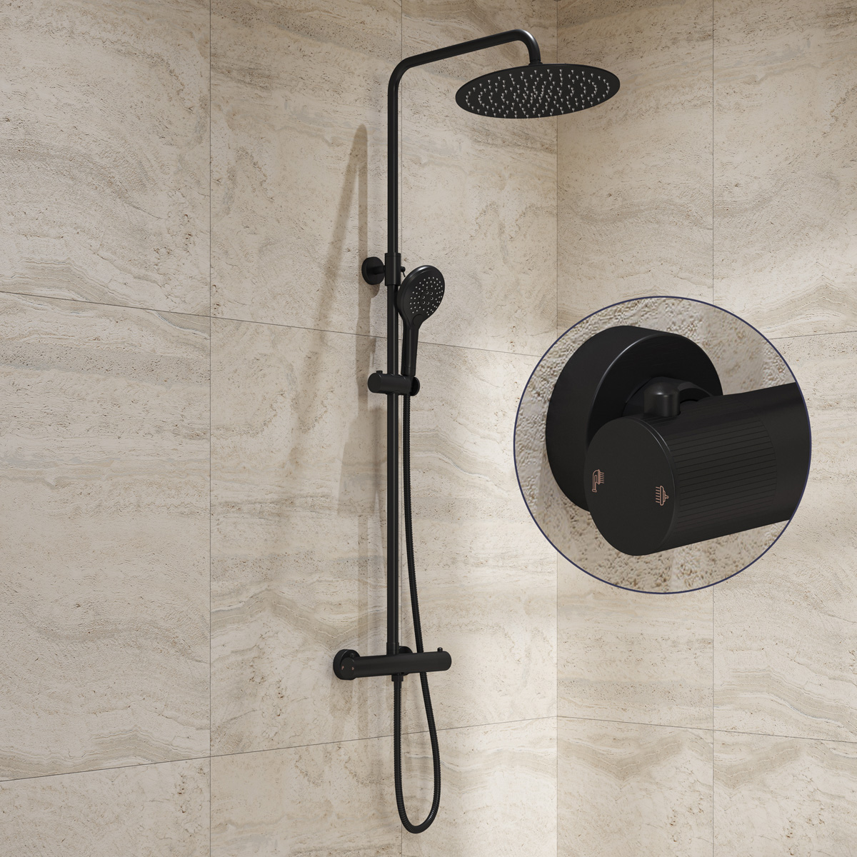 Saniclear Evolution Stripes opbouw regendouche mat zwart met 20cm hoofddouche en 2 standen handdouche