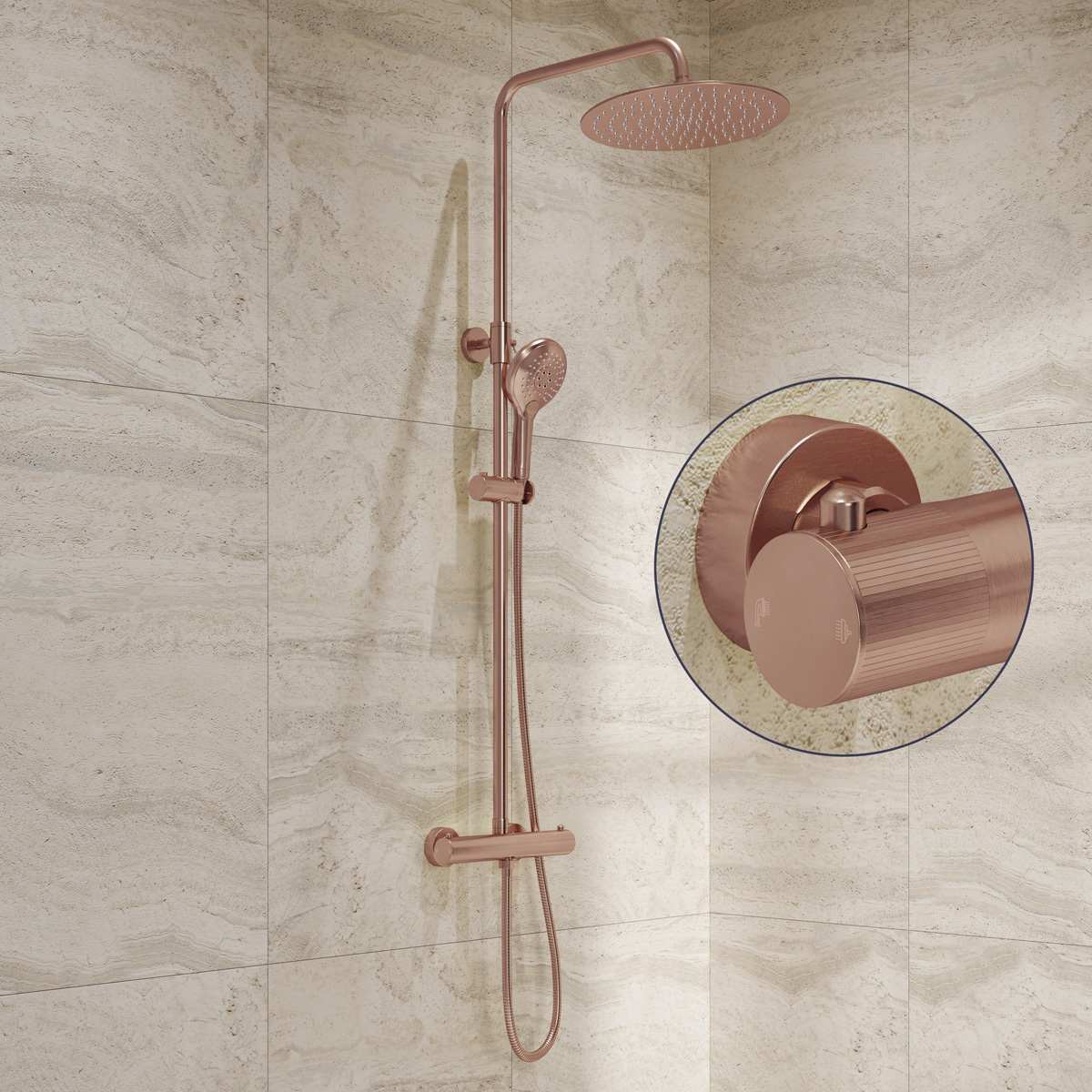 Saniclear Evolution Stripes opbouw regendouche geborsteld koper met 20cm hoofddouche en 2 standen handdouche