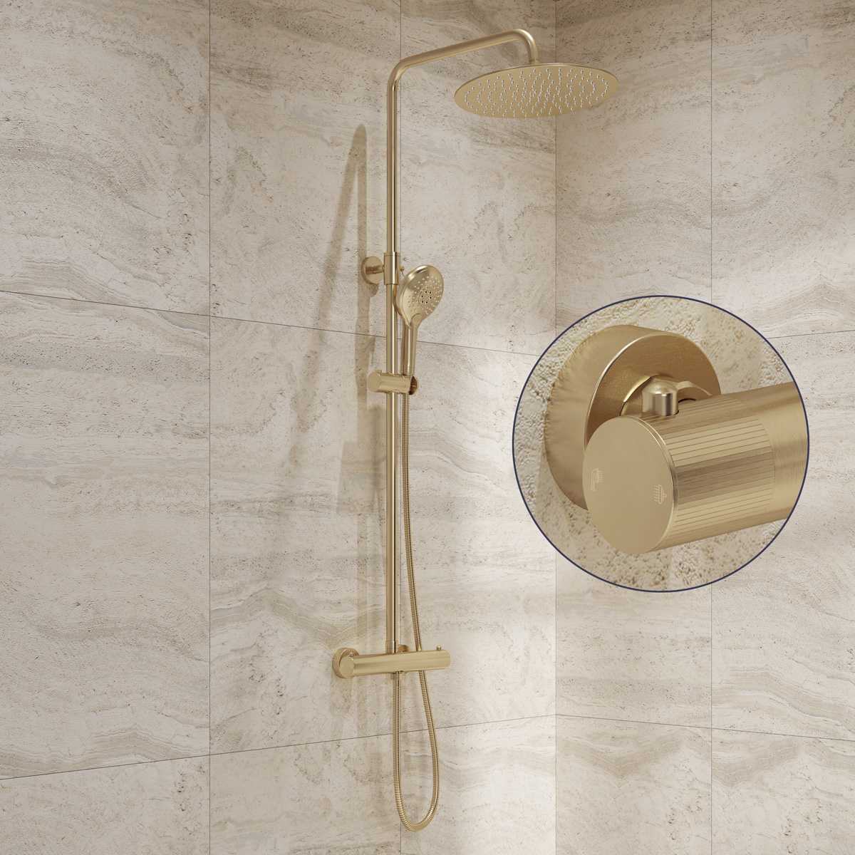 Saniclear Evolution Stripes opbouw regendouche geborsteld messing / mat goud met 20cm hoofddouche en 2 standen handdouche