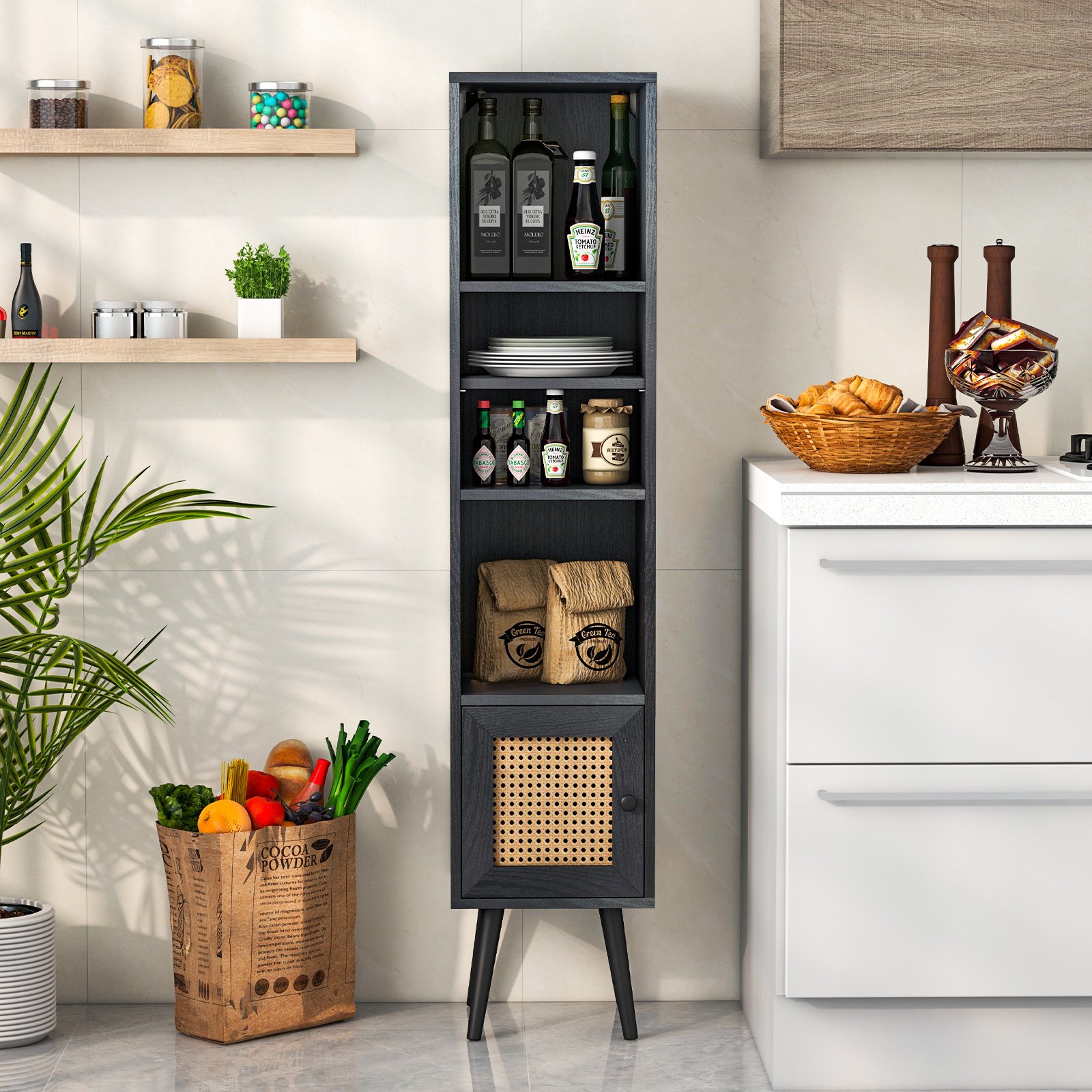 Costway Rieten Hoge Kast Boekenrek met 4 Planken & Rieten Deur Commode Boho Stijl Zwart