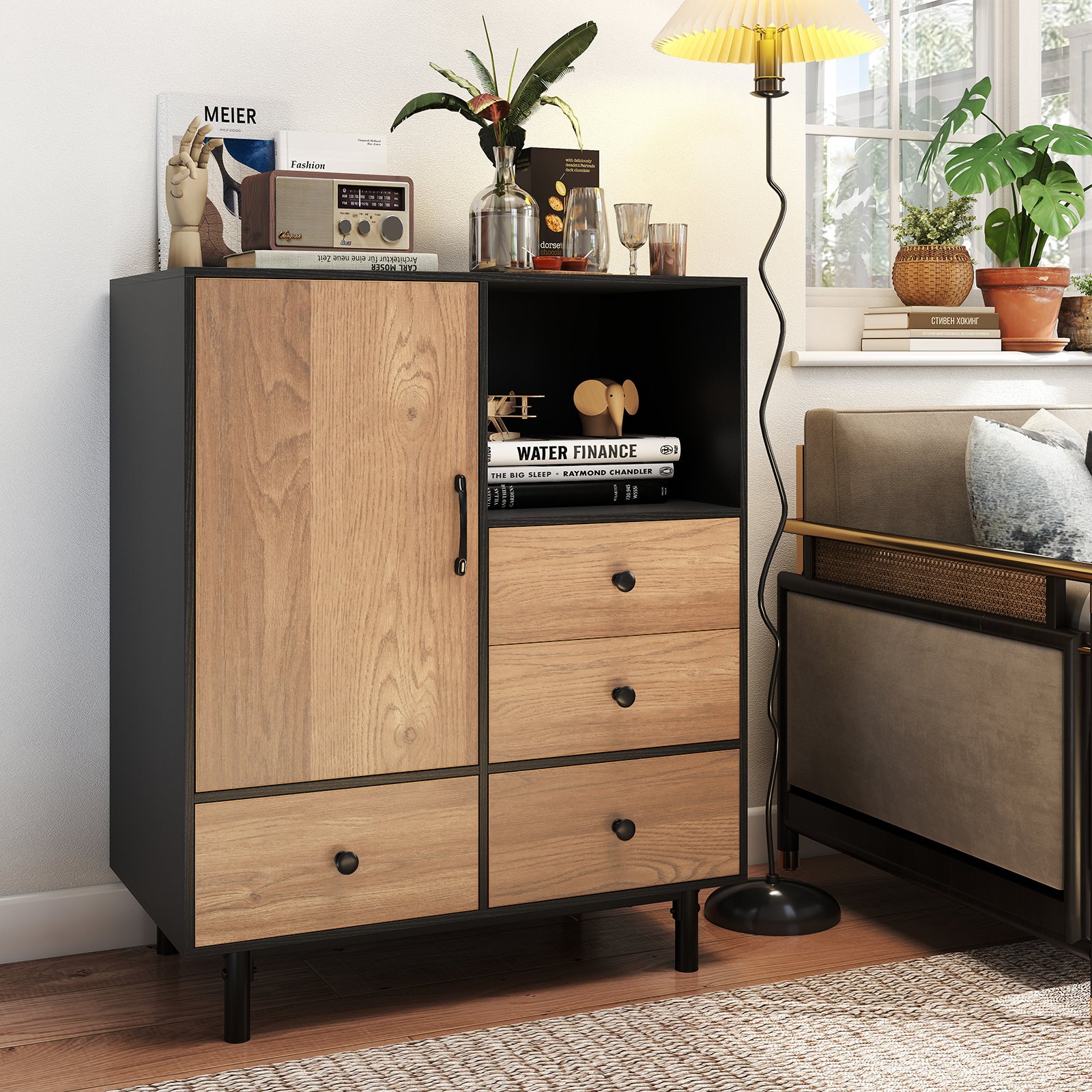 Costway Buffet-Sideboard Middeleeuwen Moderne Opbergkast met 4 Lades & Open vak Zwart