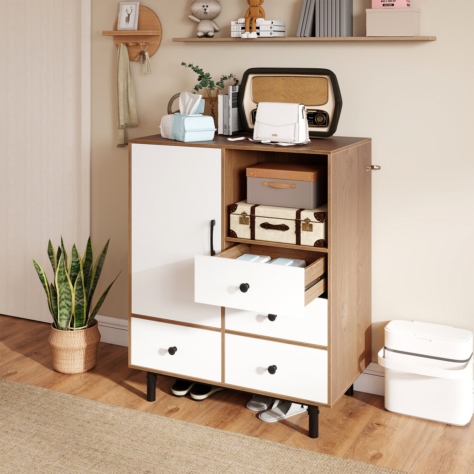 Costway Buffet-Sideboard Middeleeuwen Moderne Opbergkast met 4 Lades en Open vak Natuur
