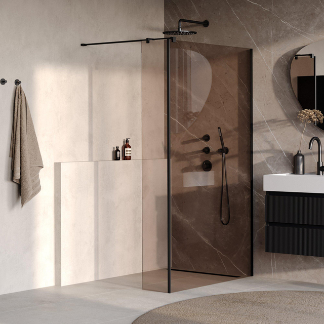 Brauer Oblivion Inloopdouche - 120x200cm - 30 cm zijwand - glascoating - brons glas - mat zwart GS-OBI2B12030200MZ
