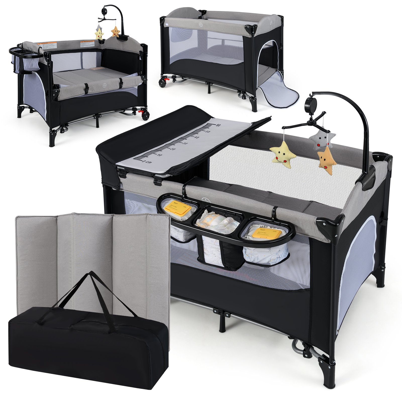 Costway 5-in-1 Babybed met Matras & Verschoontafel & Veilgordel & Speelklok Grijs