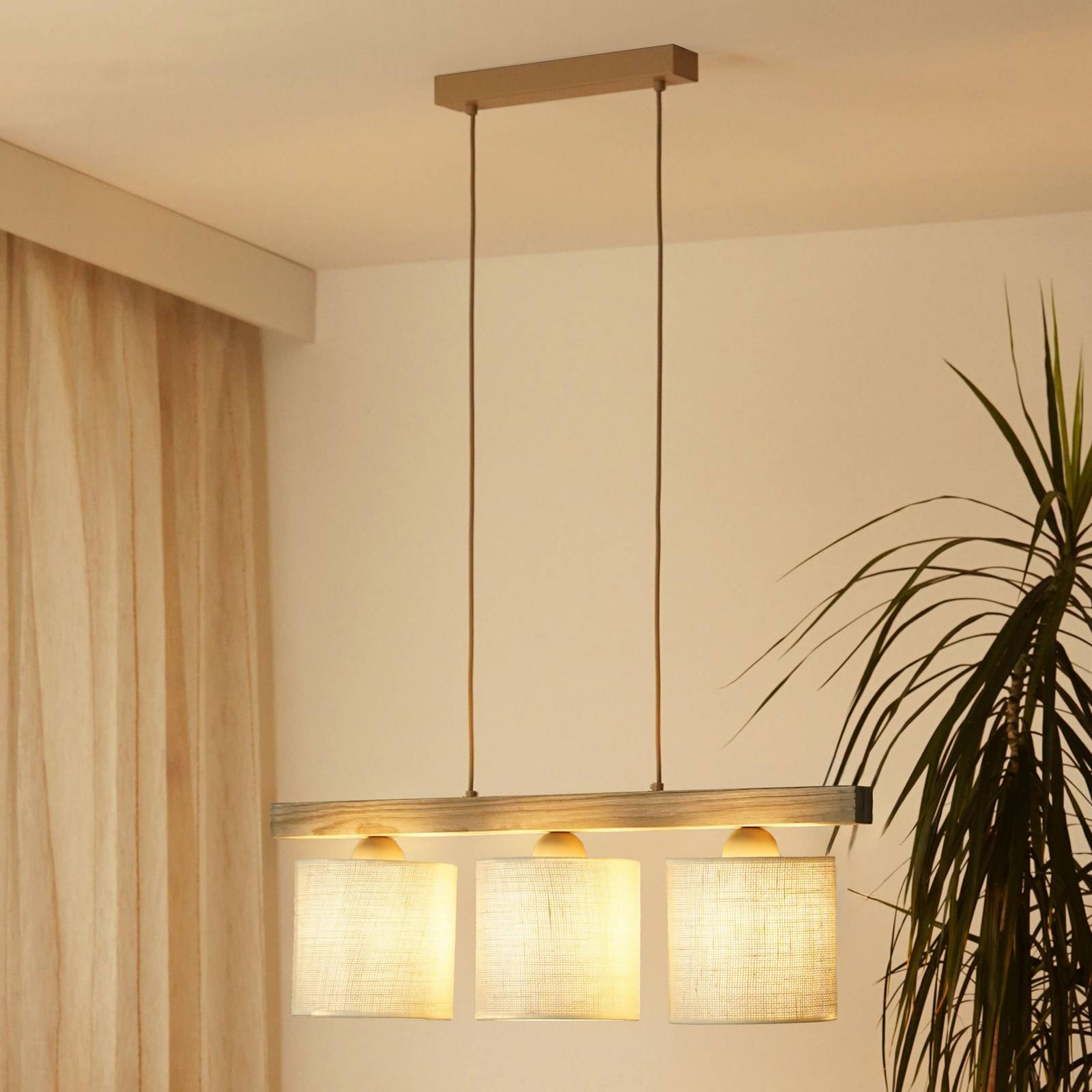 Duolla Hanglamp Forest, 3-lamps, hout licht, jute wit