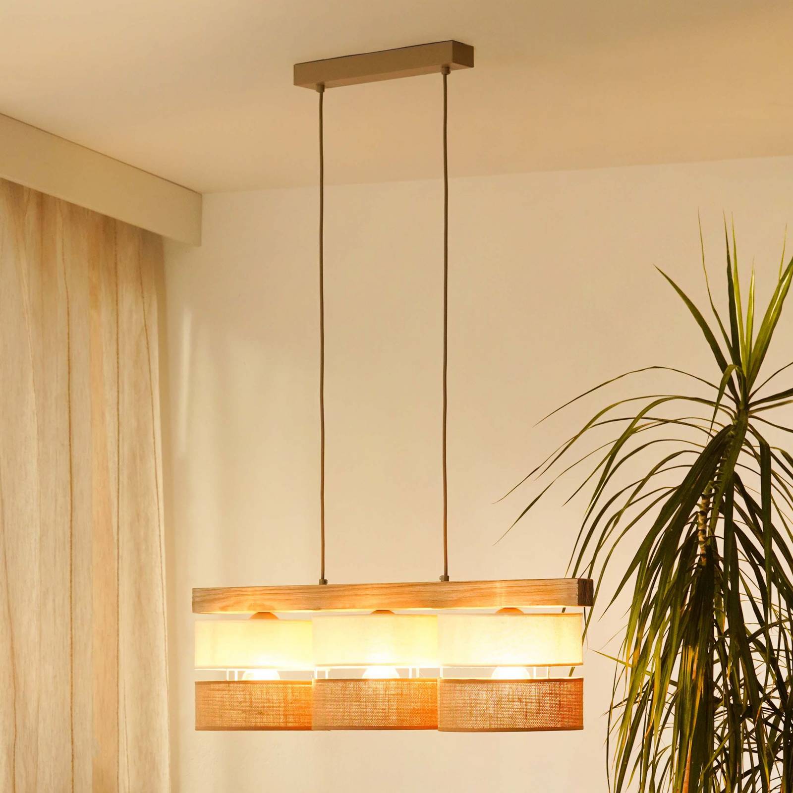Duolla Hanglamp Treeon, 3-lamps, hout, jute, naturel/ecru