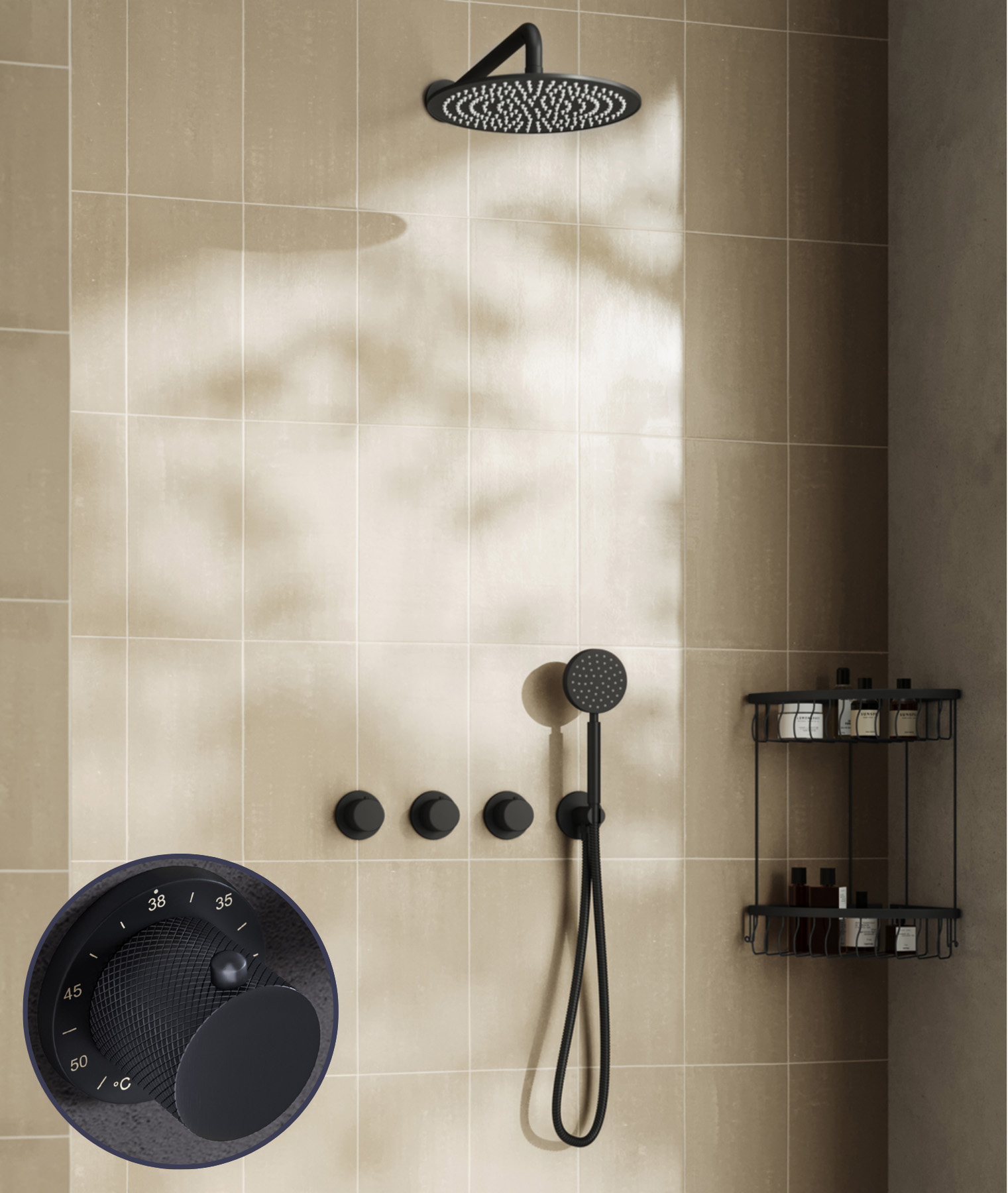 Saniclear Plus Curved inbouw regendouche met 30cm hoofddouche en muurarm zwart mat