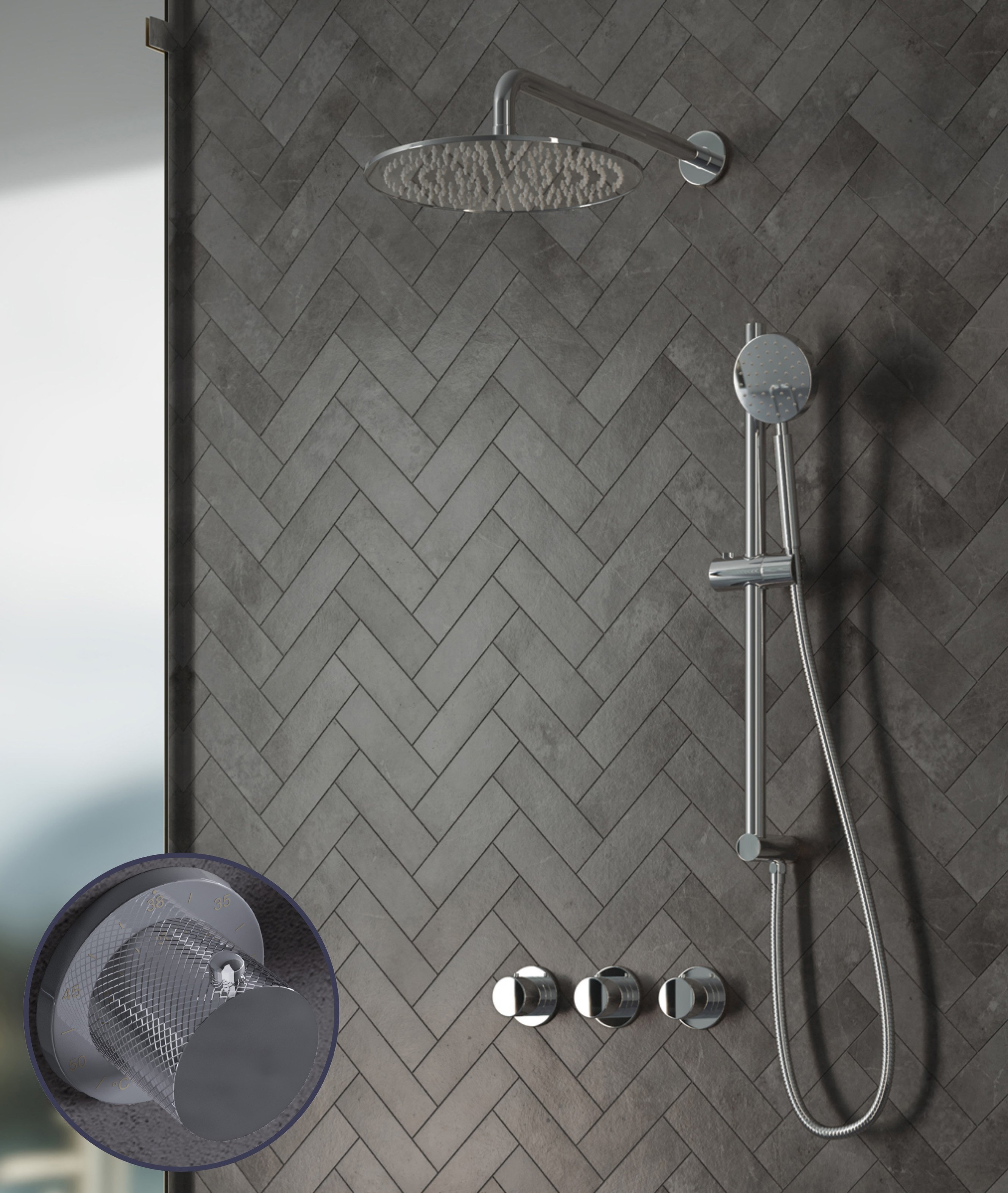 Saniclear Plus Curved inbouw regendouche met 20cm hoofddouche, muurarm en glijstang chroom