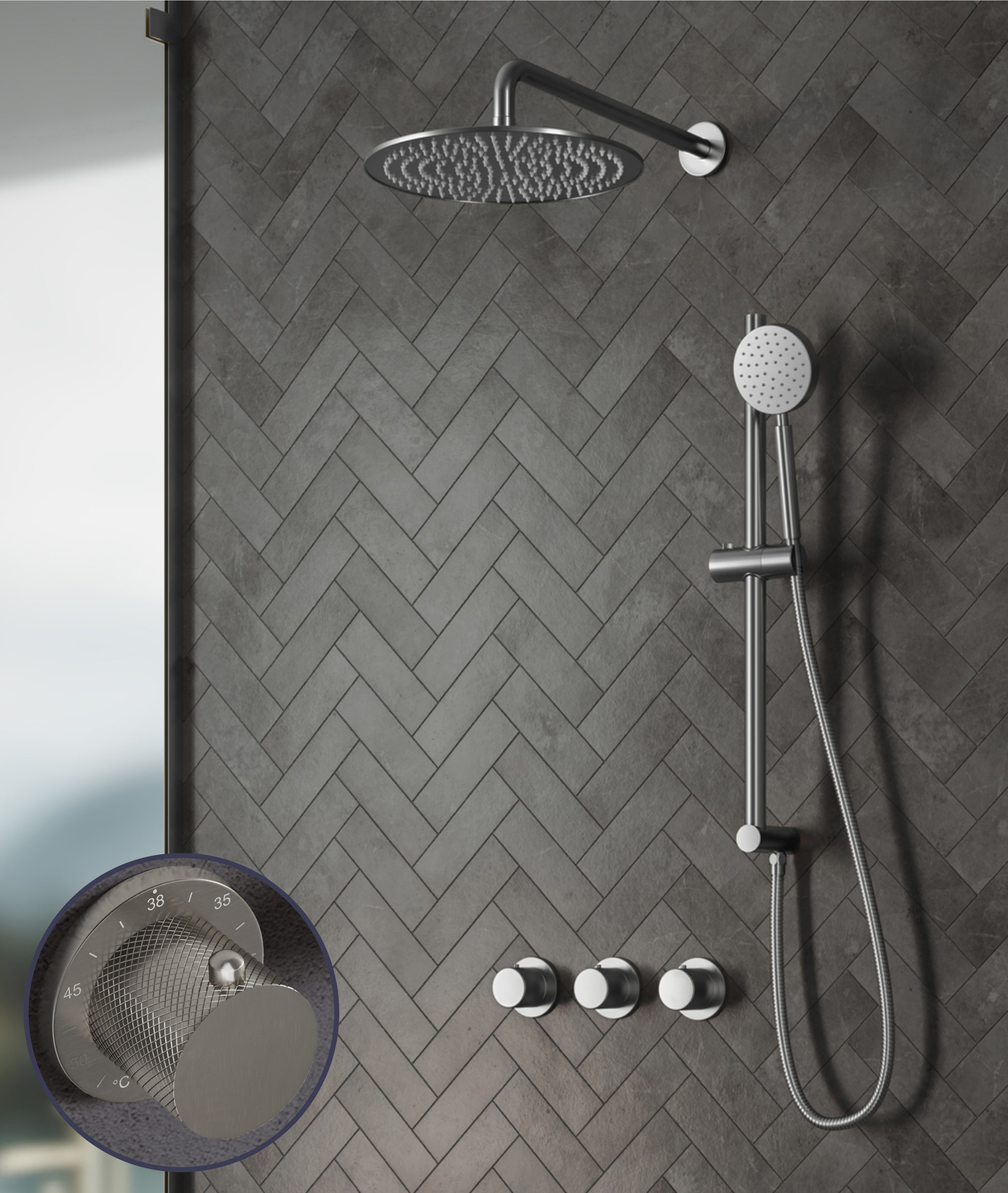 Saniclear Plus Curved inbouw regendouche met 30cm hoofddouche, muurarm en glijstang RVS