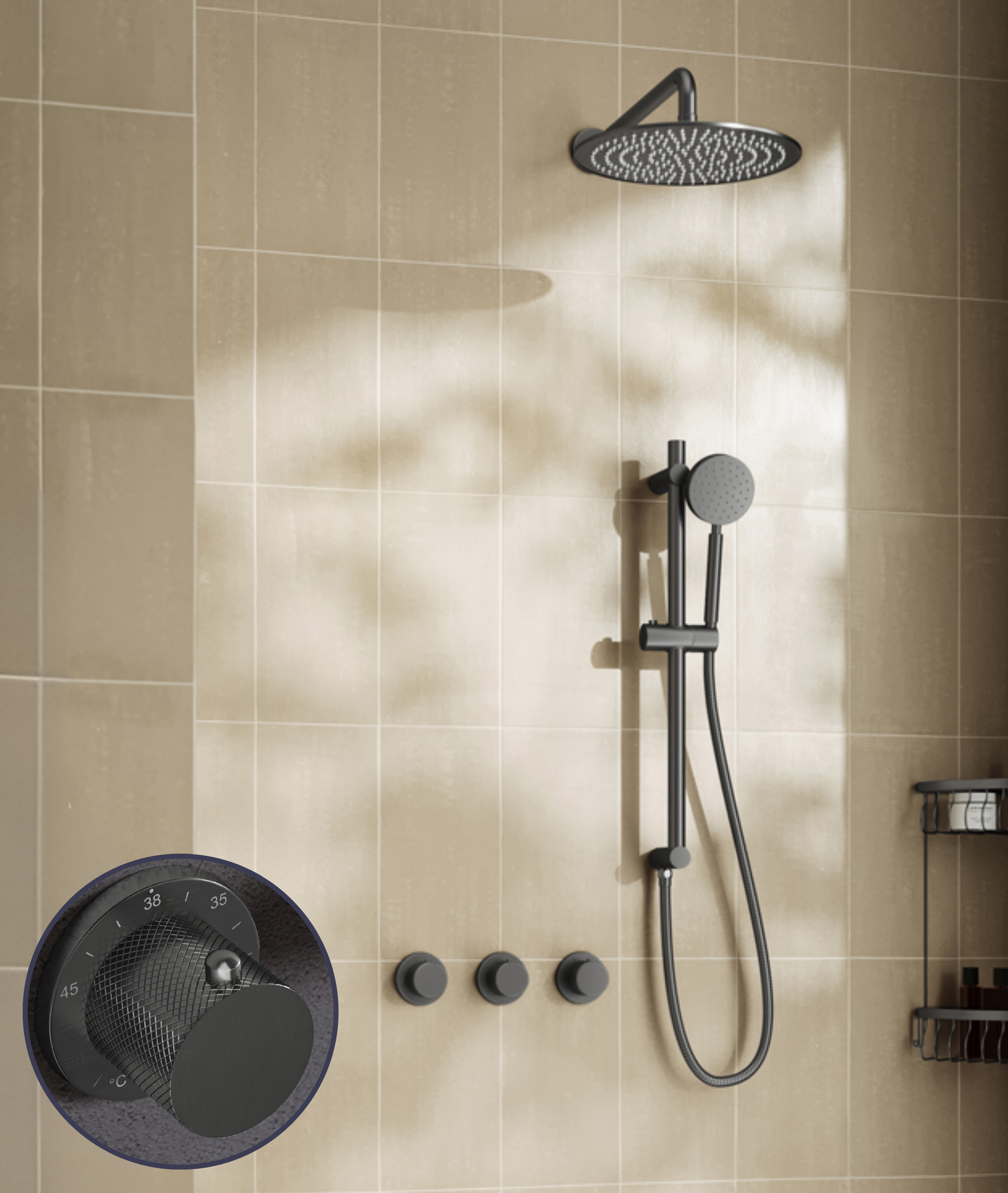 Saniclear Plus Curved inbouw regendouche met 30cm hoofddouche, muurarm en glijstang verouderd ijzer - gunmetal