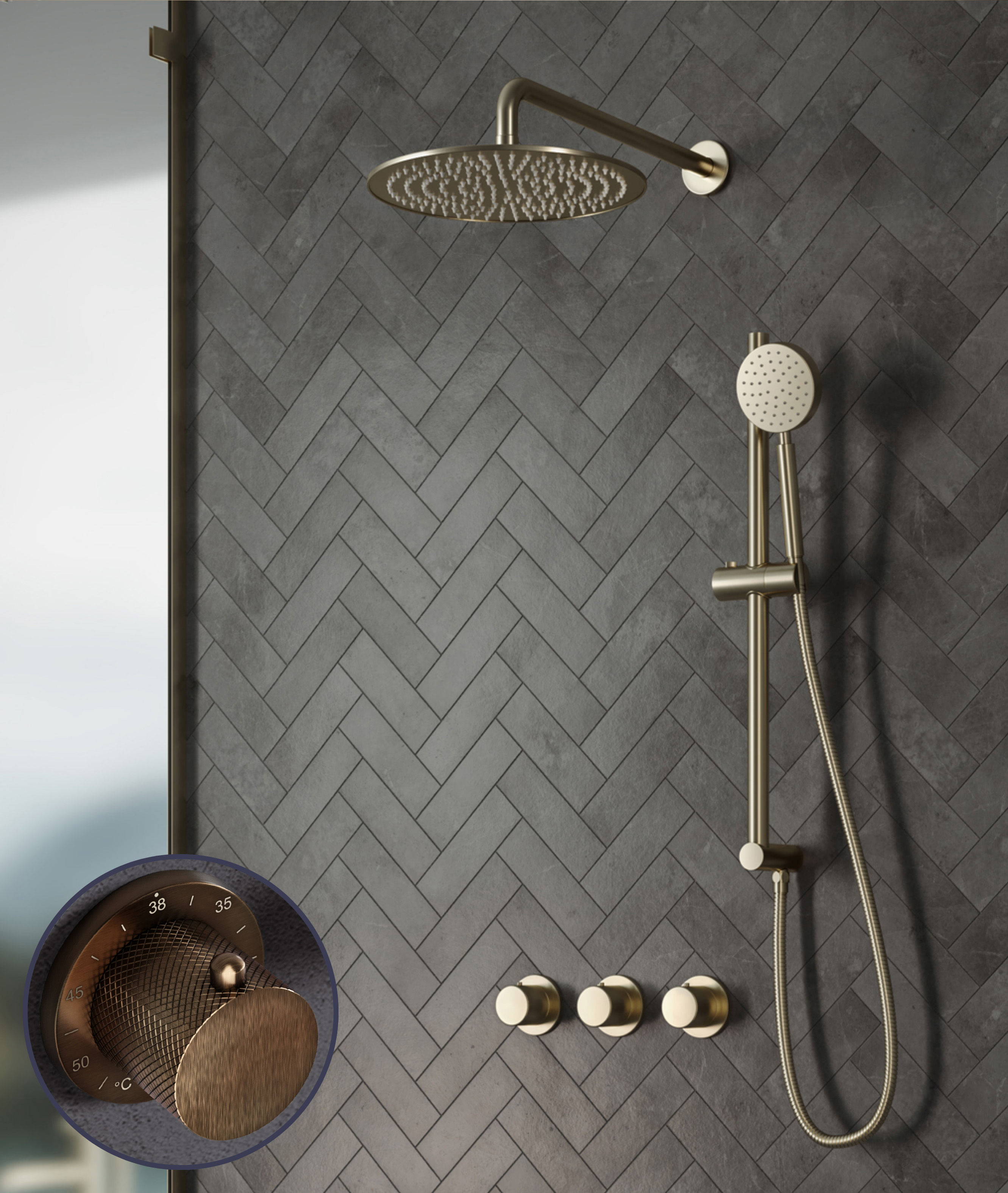 Saniclear Plus Curved inbouw regendouche met 30cm hoofddouche, muurarm en glijstang verouderd messing