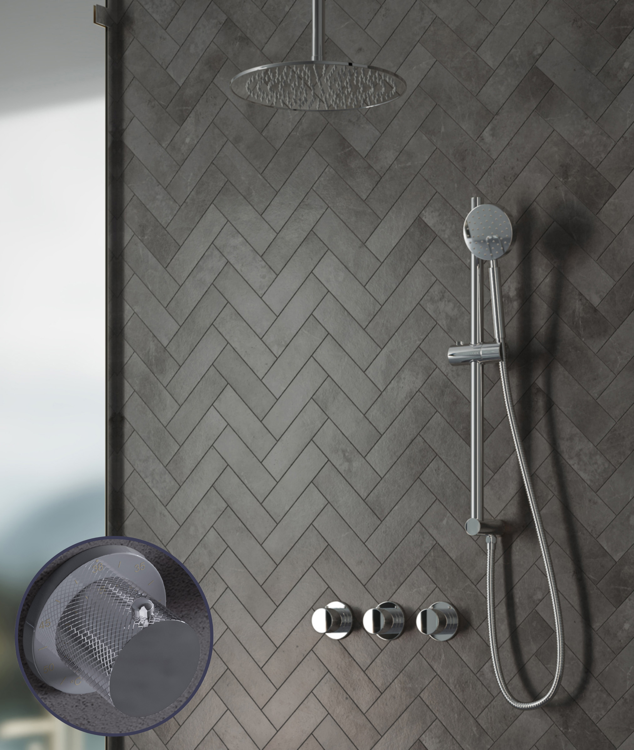 Saniclear Plus Curved inbouw regendouche met 20cm hoofddouche, plafondarm en glijstang chroom