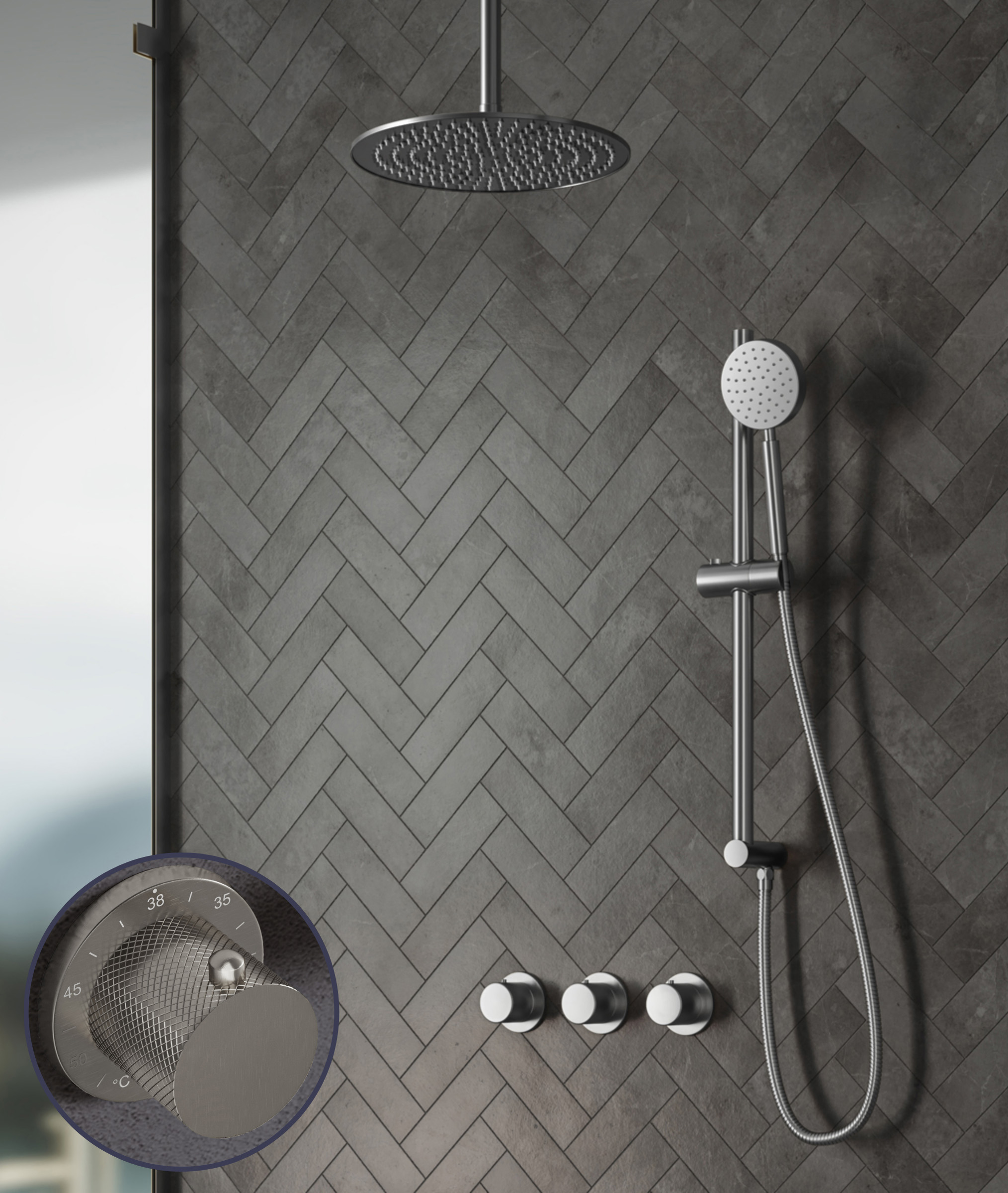 Saniclear Plus Curved inbouw regendouche met 30cm hoofddouche, plafondarm en glijstang RVS