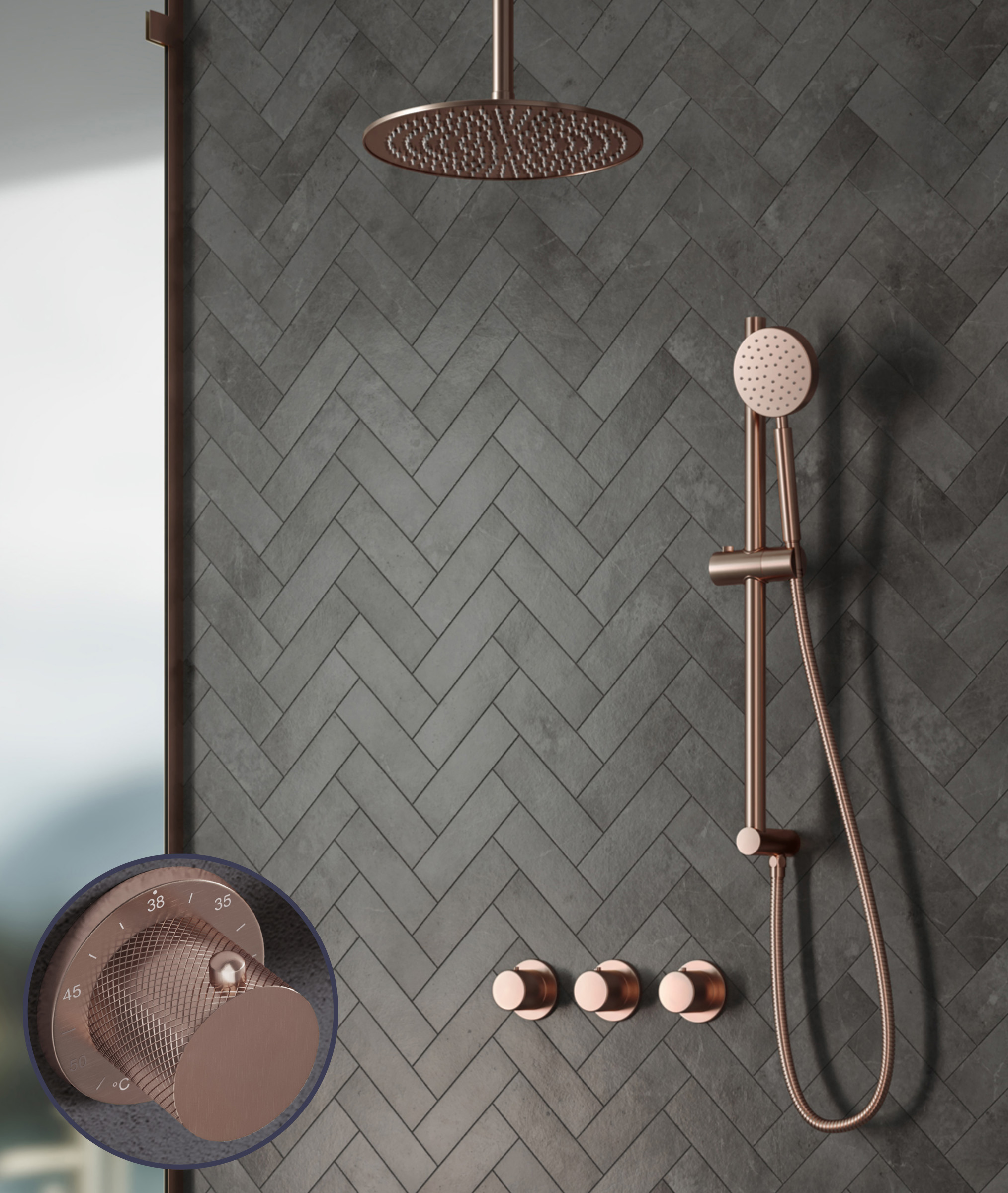 Saniclear Plus Curved inbouw regendouche met 30cm hoofddouche, plafondarm en glijstang geborsteld koper