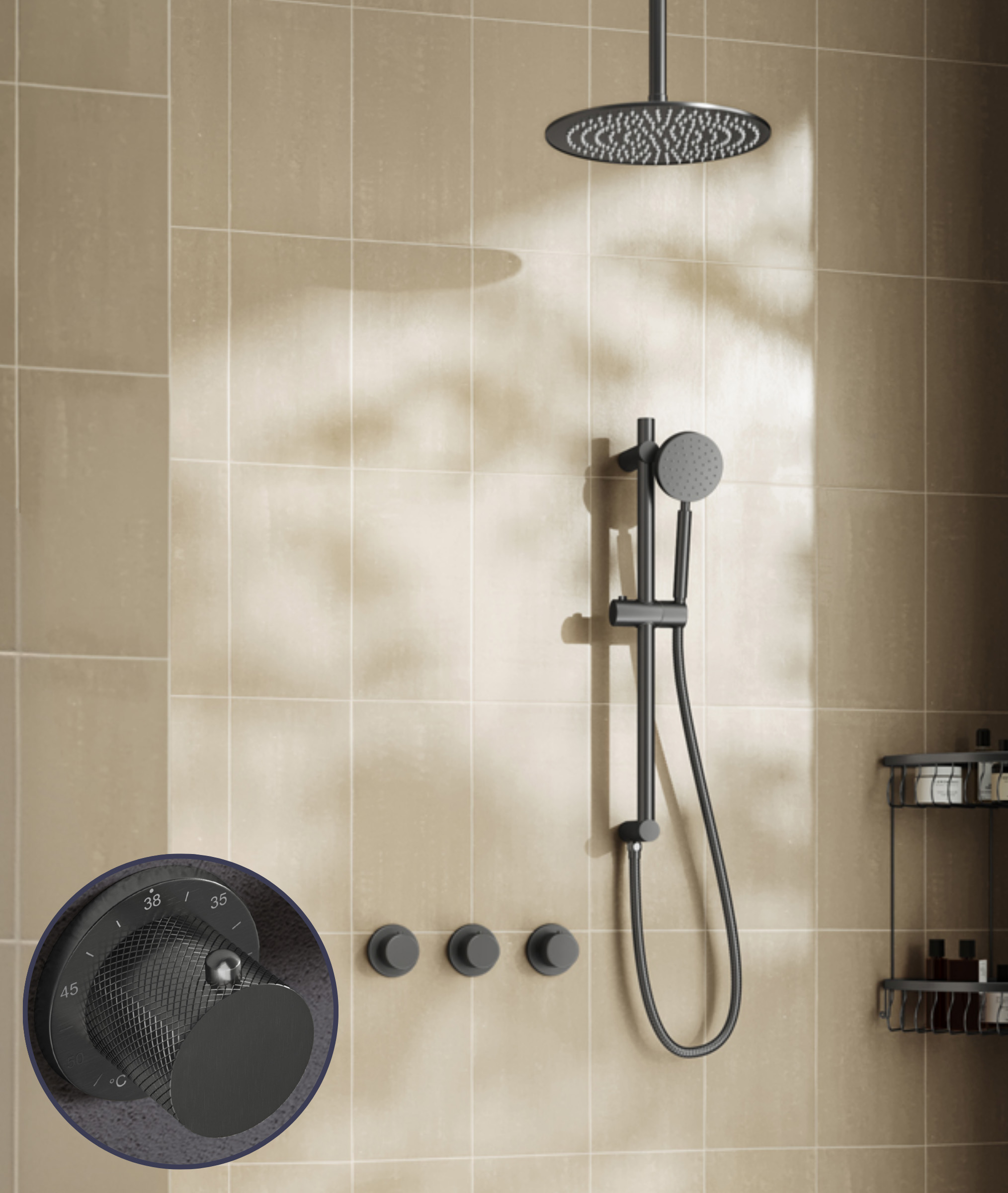 Saniclear Plus Curved inbouw regendouche met 30cm hoofddouche, plafondarm en glijstang verouderd ijzer - gunmetal