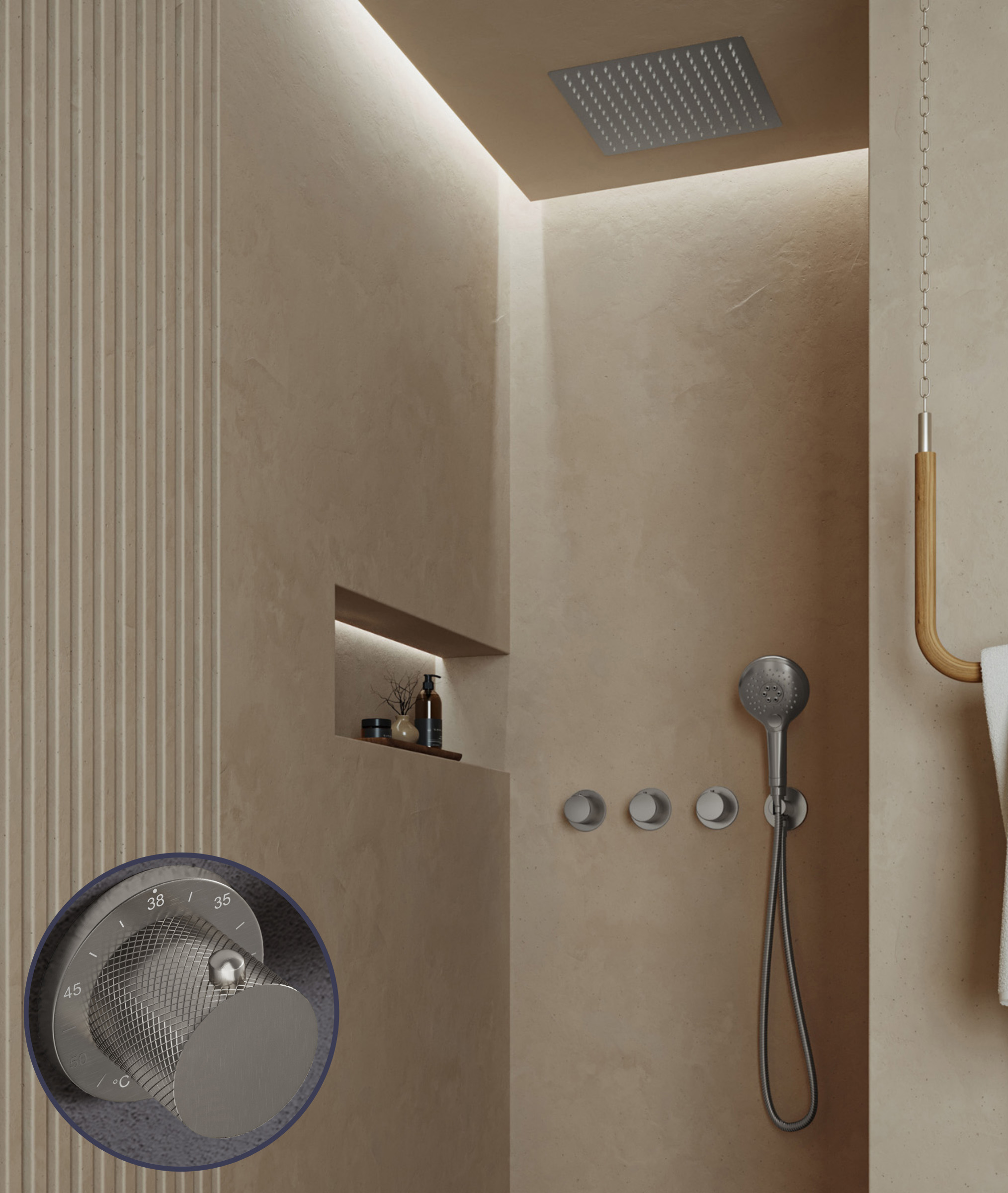 Saniclear Plus Curved inbouw regendouche met inbouw douchekop 30x30cm en 2 standen handdouche RVS