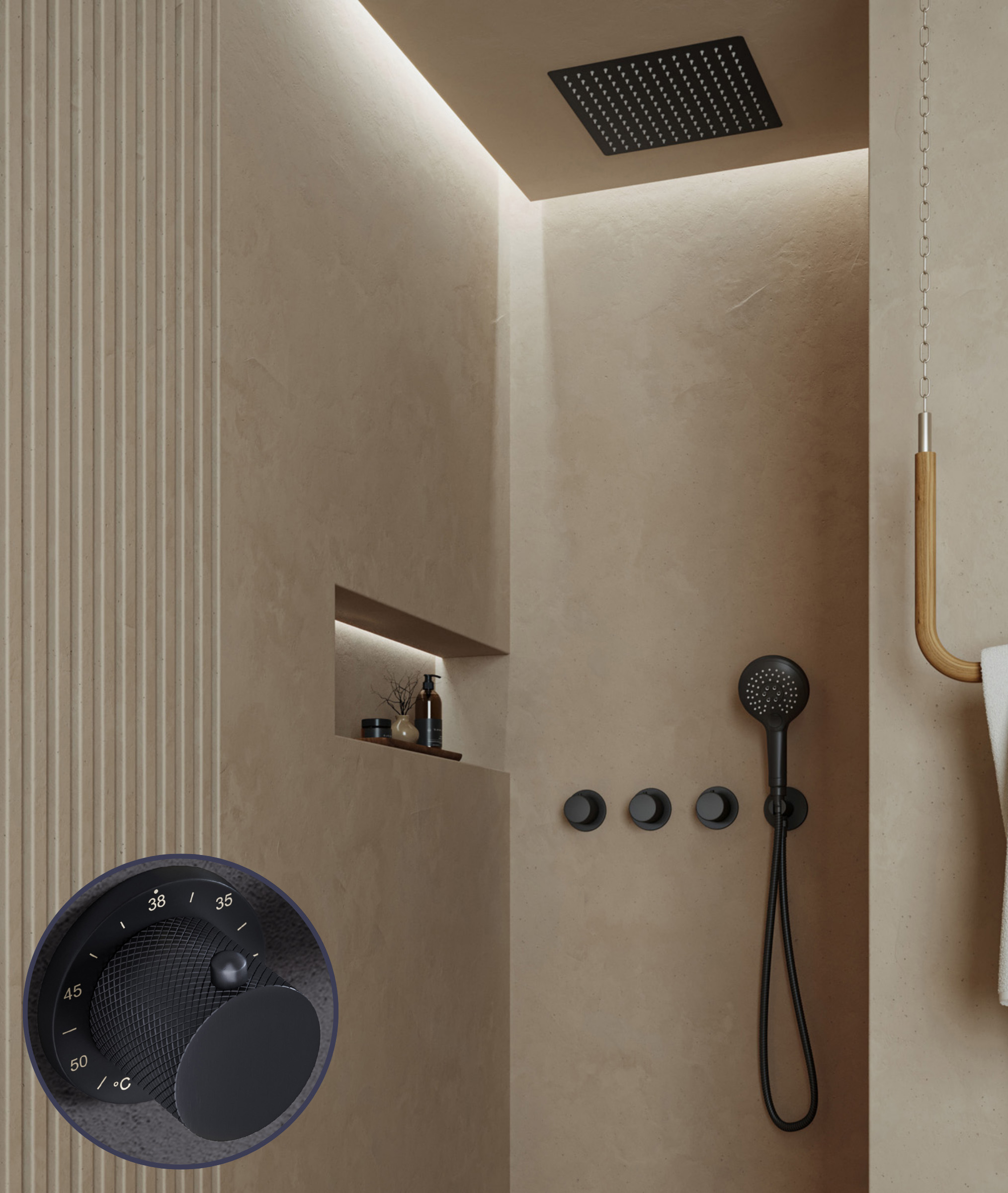 Saniclear Plus Curved inbouw regendouche met inbouw douchekop 30x30cm en 2 standen handdouche zwart mat