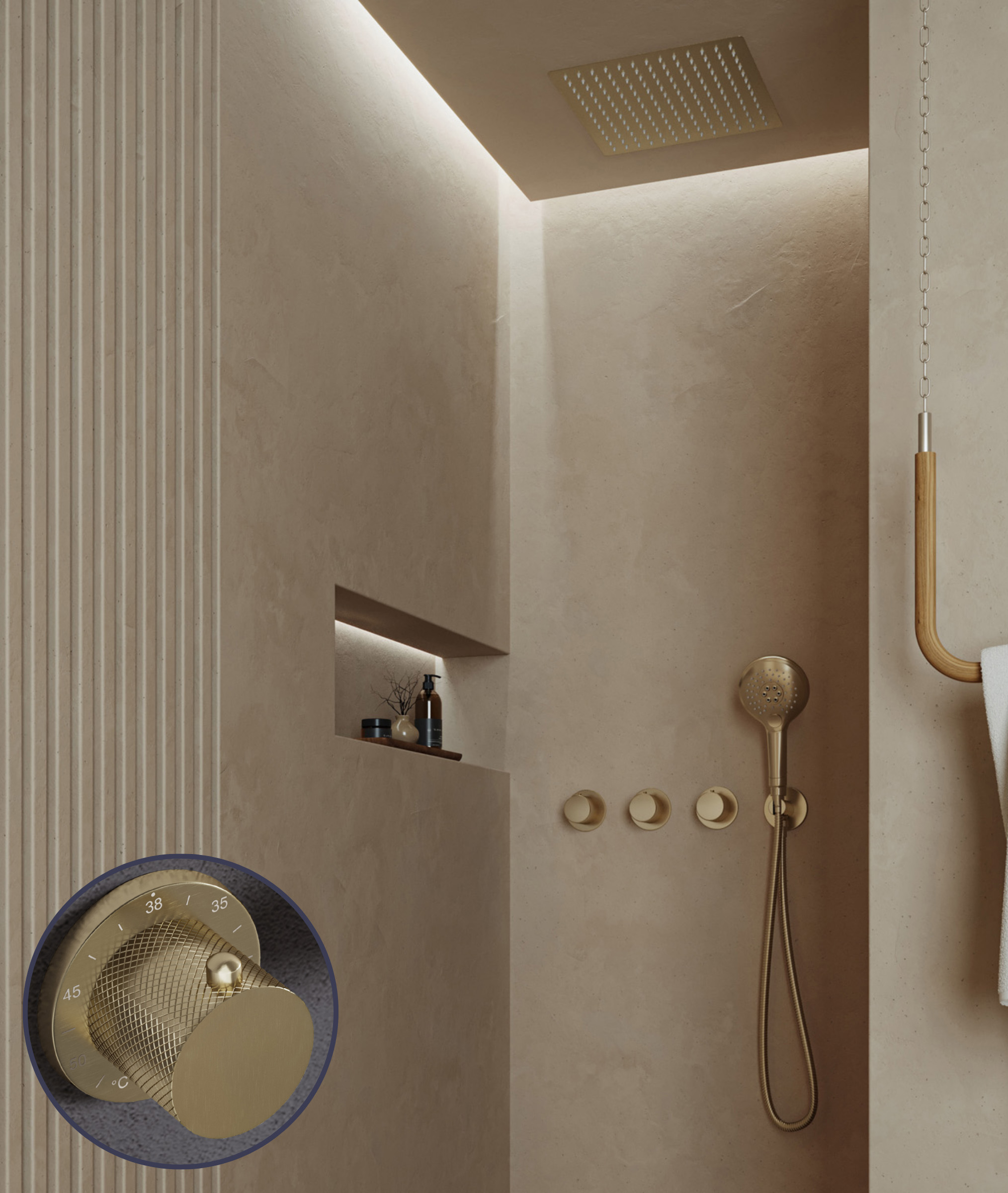 Saniclear Plus Curved inbouw regendouche met inbouw douchekop 30x30cm en 2 standen handdouche geborsteld messing - mat goud