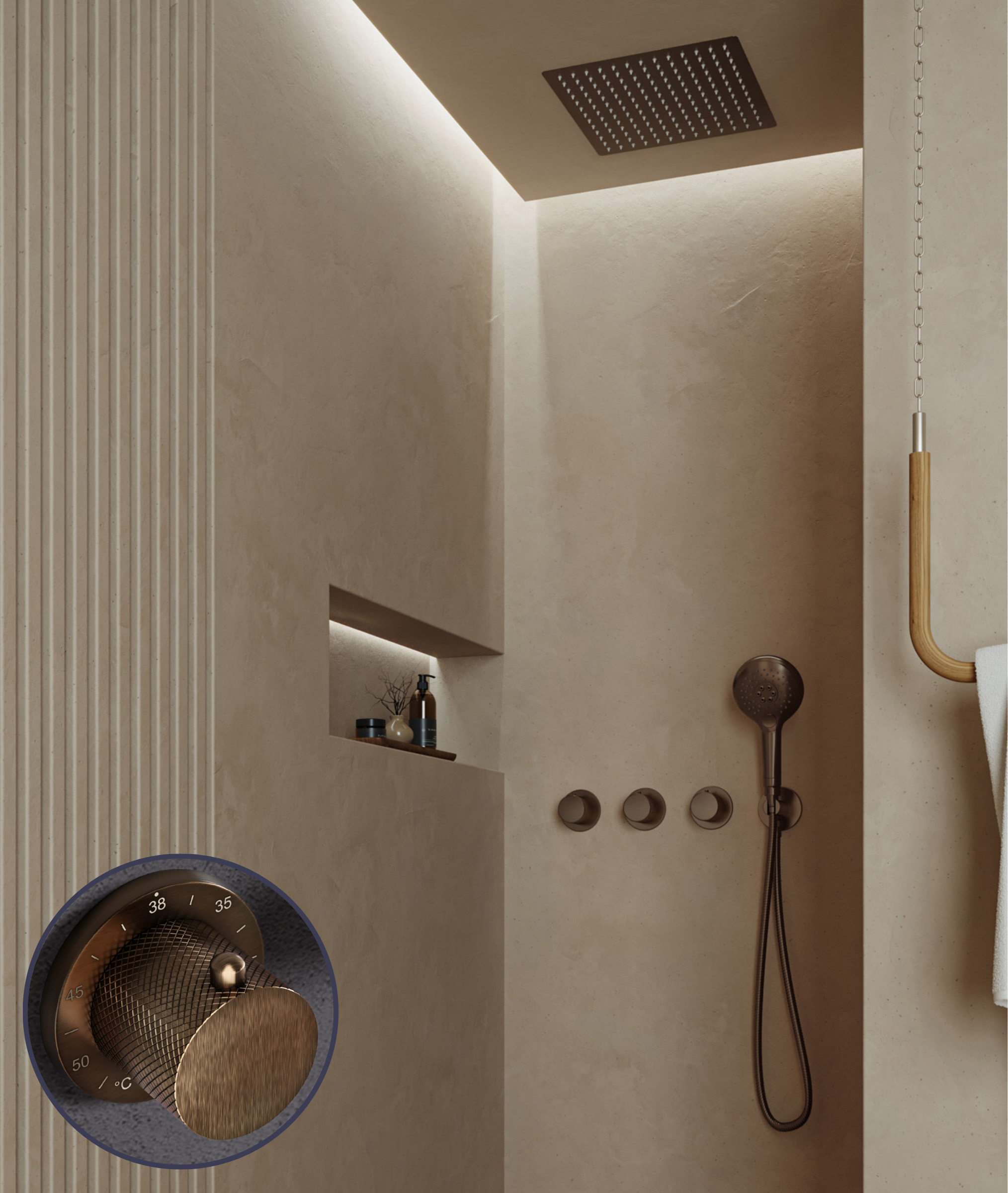 Saniclear Plus Curved inbouw regendouche met inbouw douchekop 30x30cm en 2 standen handdouche verouderd messing