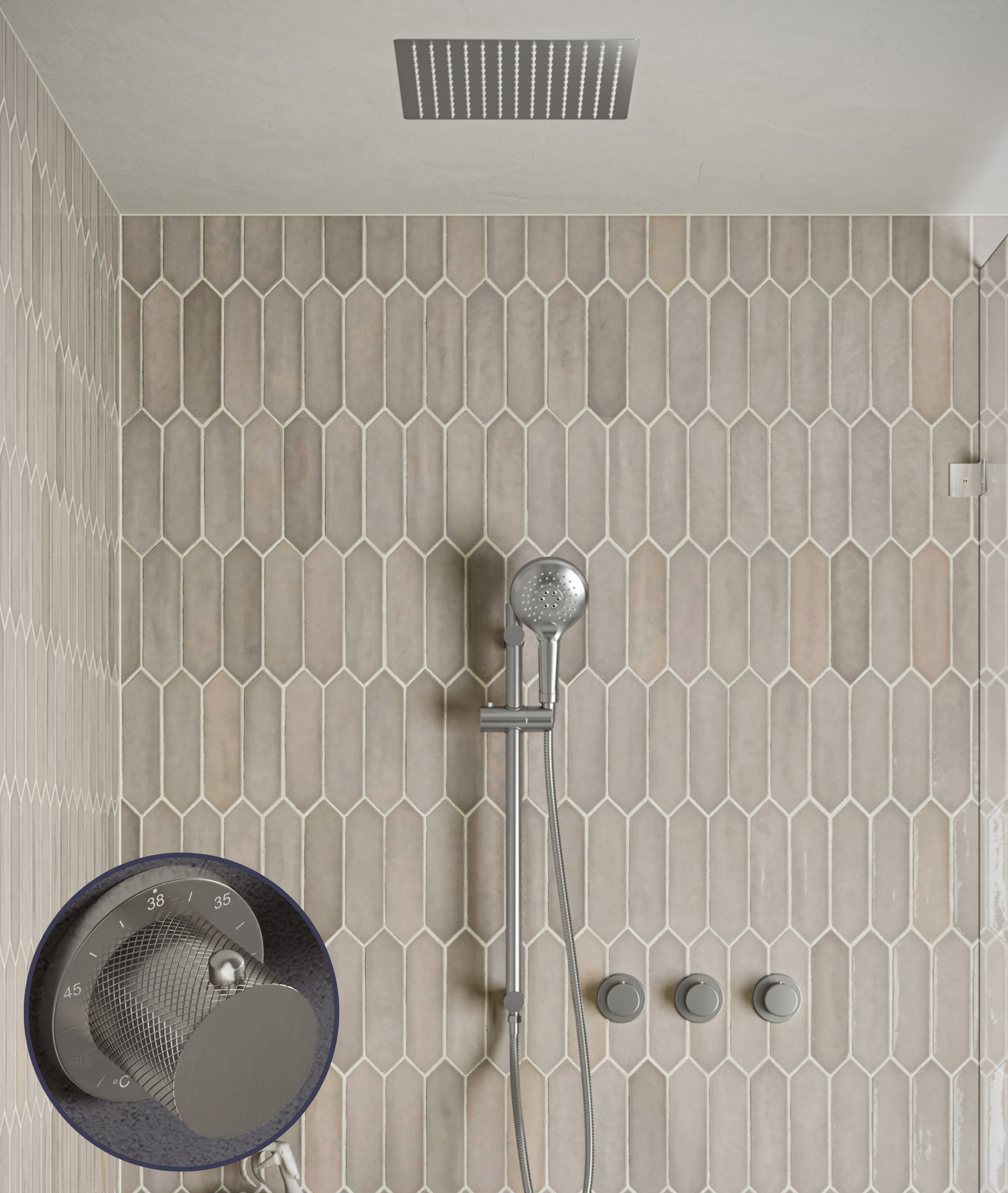 Saniclear Plus Curved inbouw regendouche met inbouw douchekop 30x30cm, glijstang en 2 standen handdouche RVS