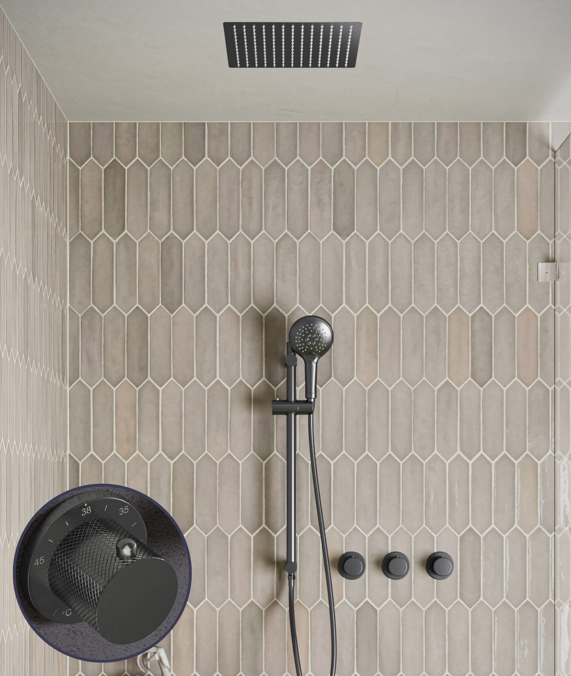 Saniclear Plus Curved inbouw regendouche met inbouw douchekop 30x30cm, glijstang en 2 standen handdouche verouderd ijzer - gunmetal