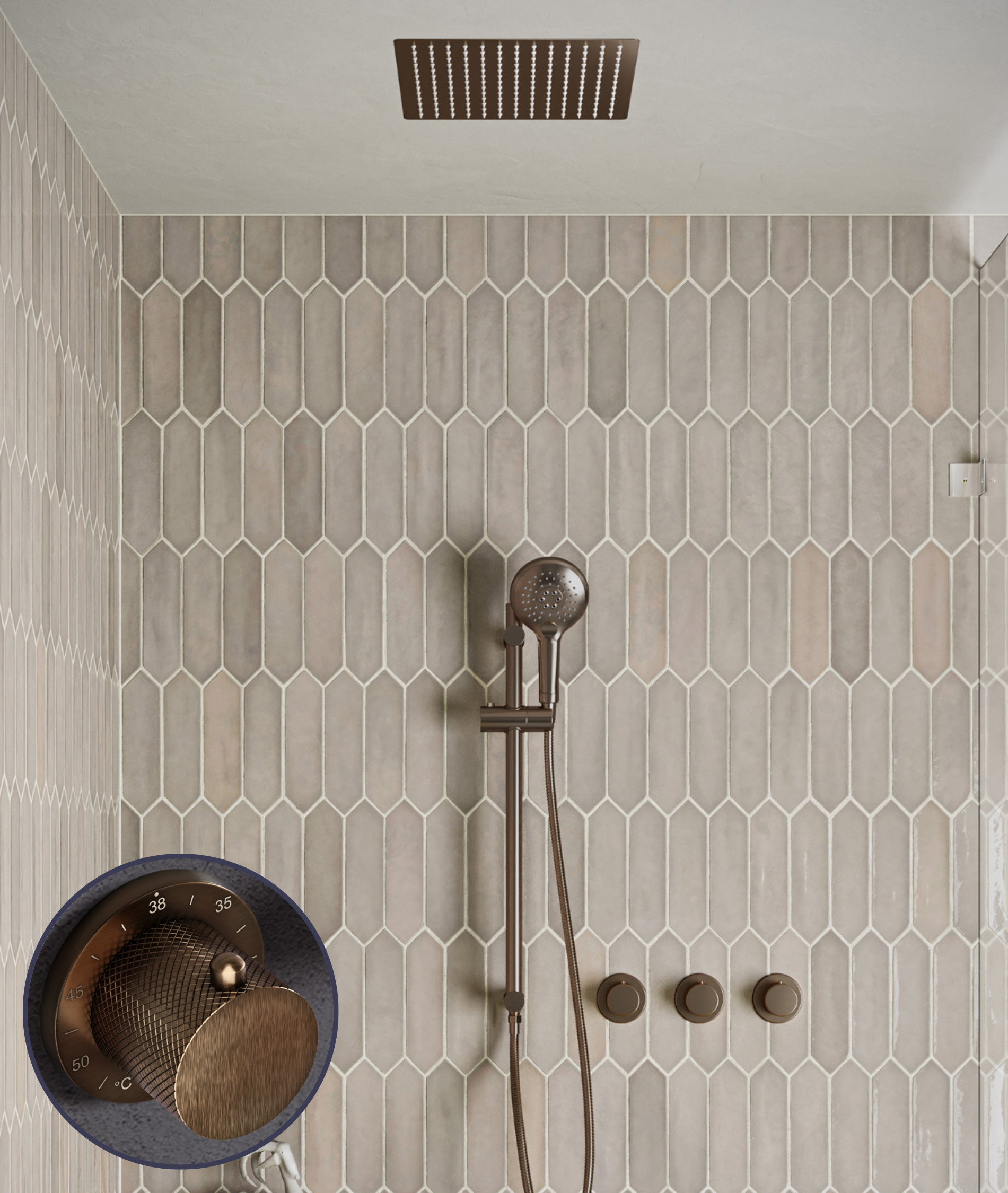 Saniclear Plus Curved inbouw regendouche met inbouw douchekop 30x30cm, glijstang en 2 standen handdouche verouderd messing