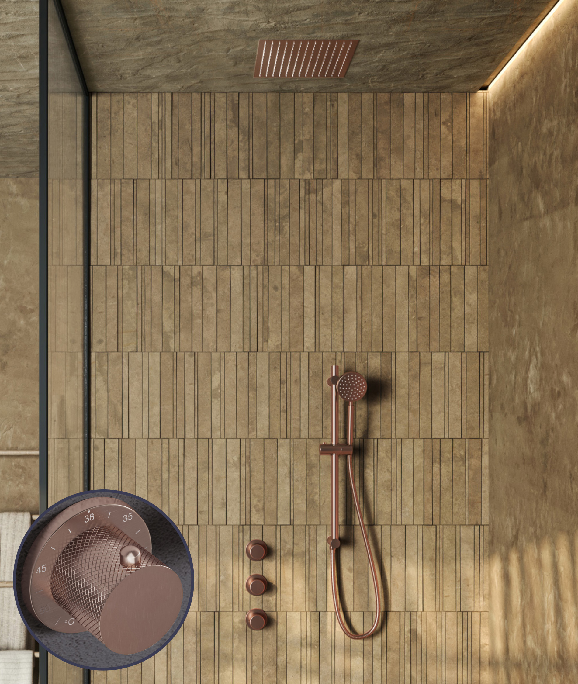 Saniclear Plus Curved inbouw regendouche met inbouw douchekop 30x30cm en glijstang geborsteld koper