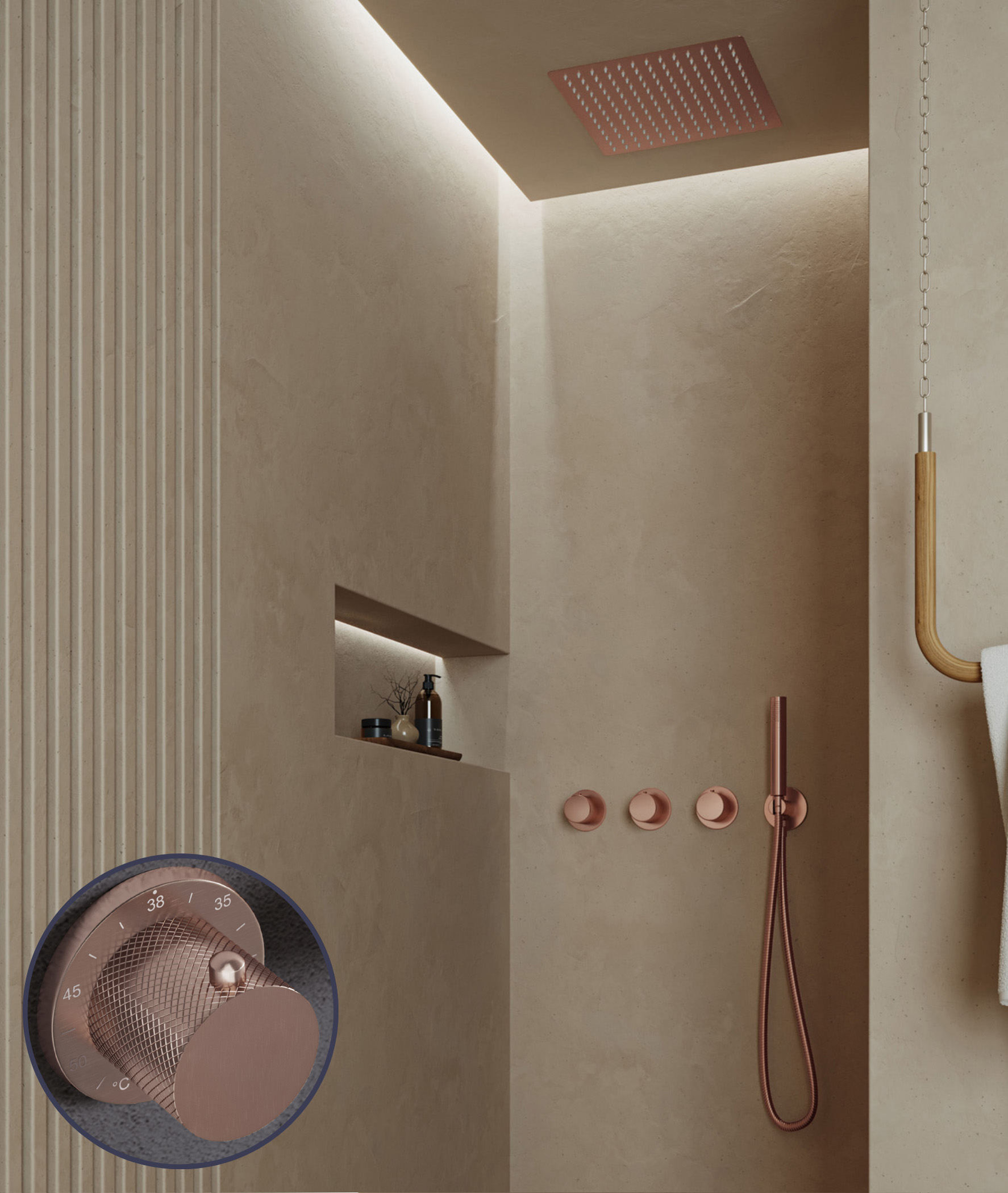 Saniclear Plus Curved inbouw regendouche met inbouw douchekop 30x30cm en staafhanddouche geborsteld koper