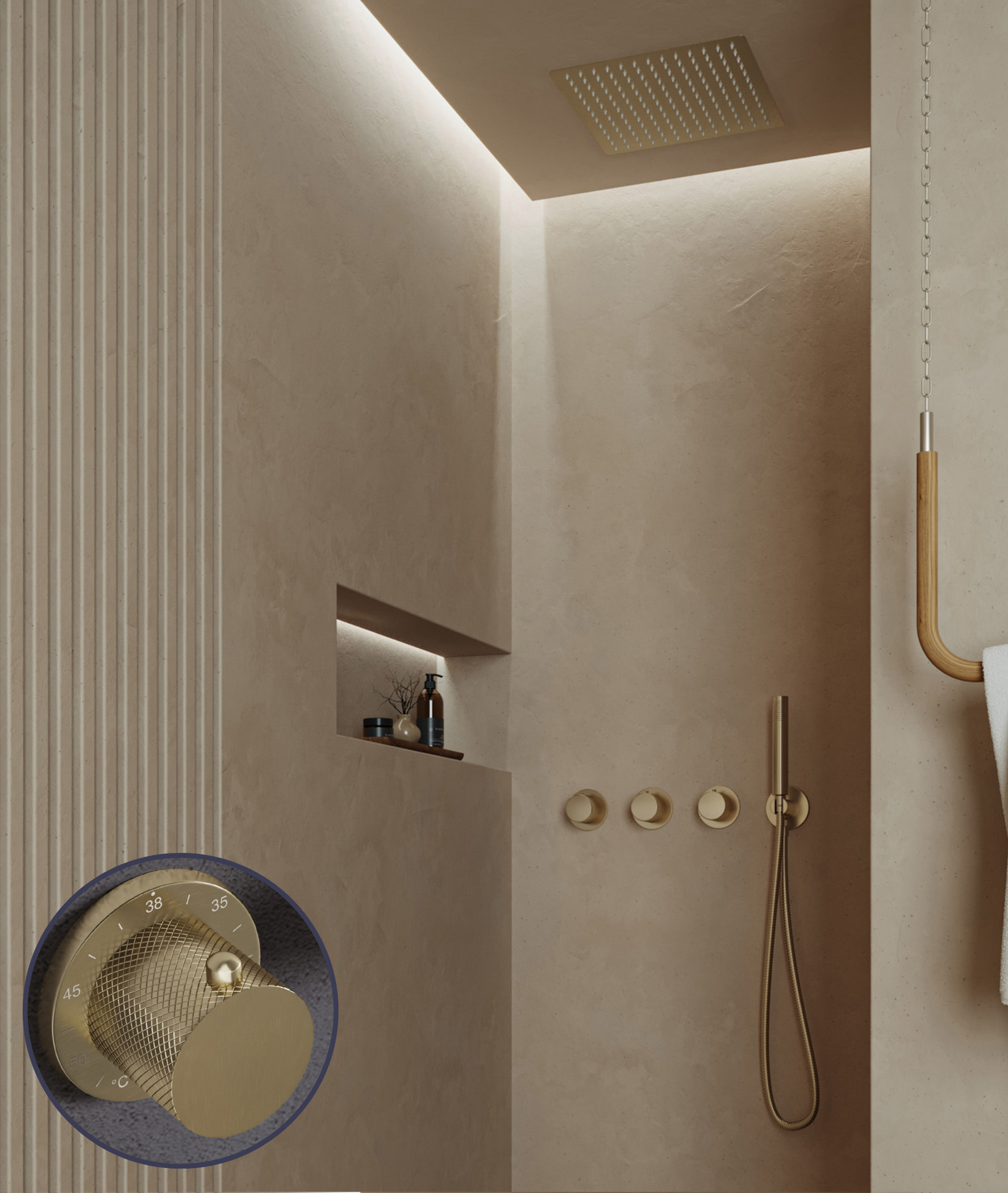 Saniclear Plus Curved inbouw regendouche met inbouw douchekop 30x30cm en staafhanddouche geborsteld messing - mat goud