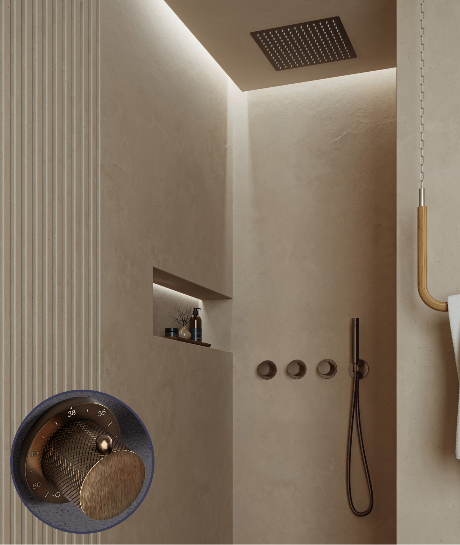 Saniclear Plus Curved inbouw regendouche met inbouw douchekop 30x30cm en staafhanddouche verouderd messing
