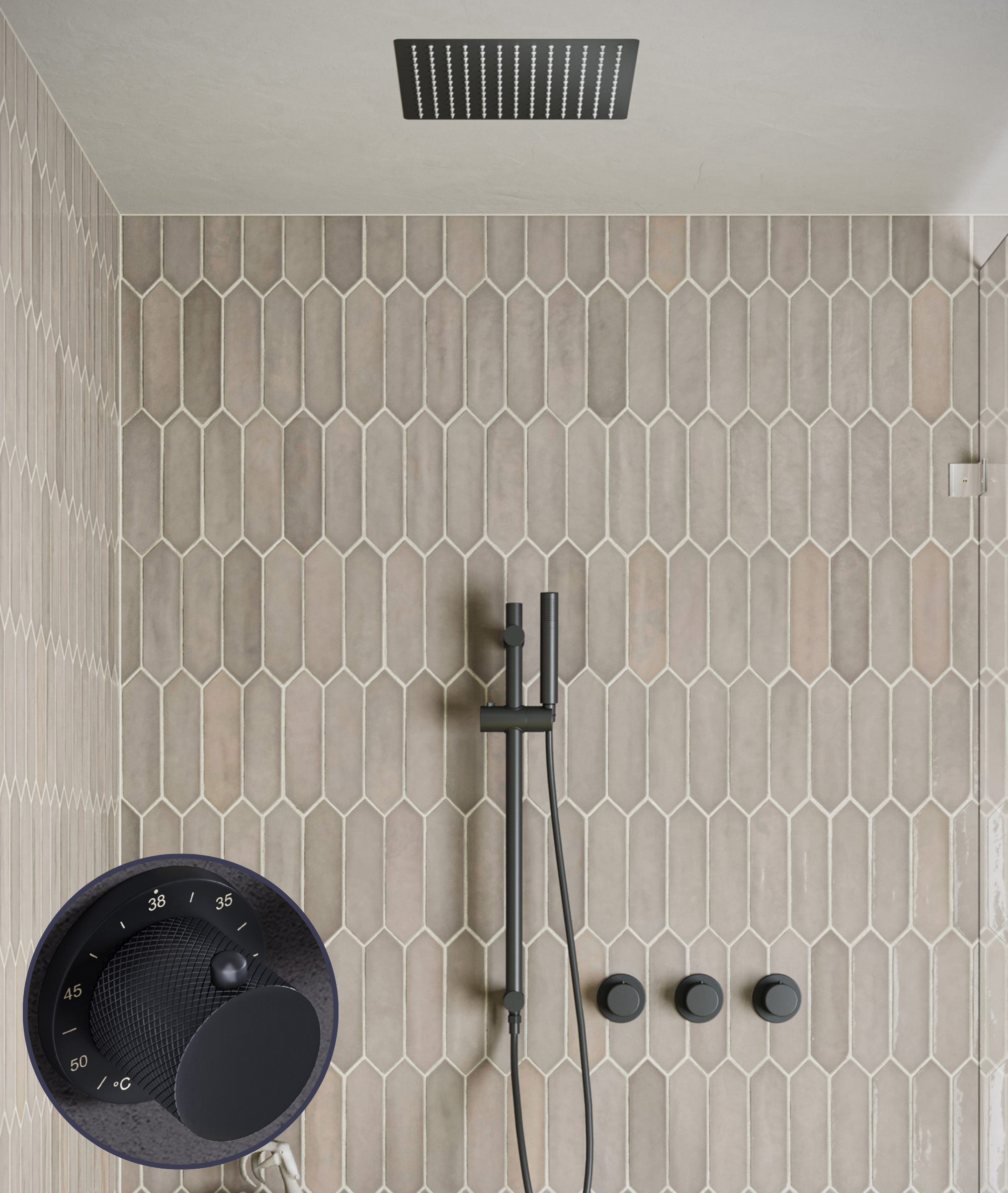 Saniclear Plus Curved inbouw regendouche met inbouw douchekop 30x30cm, glijstang en staafhanddouche zwart mat