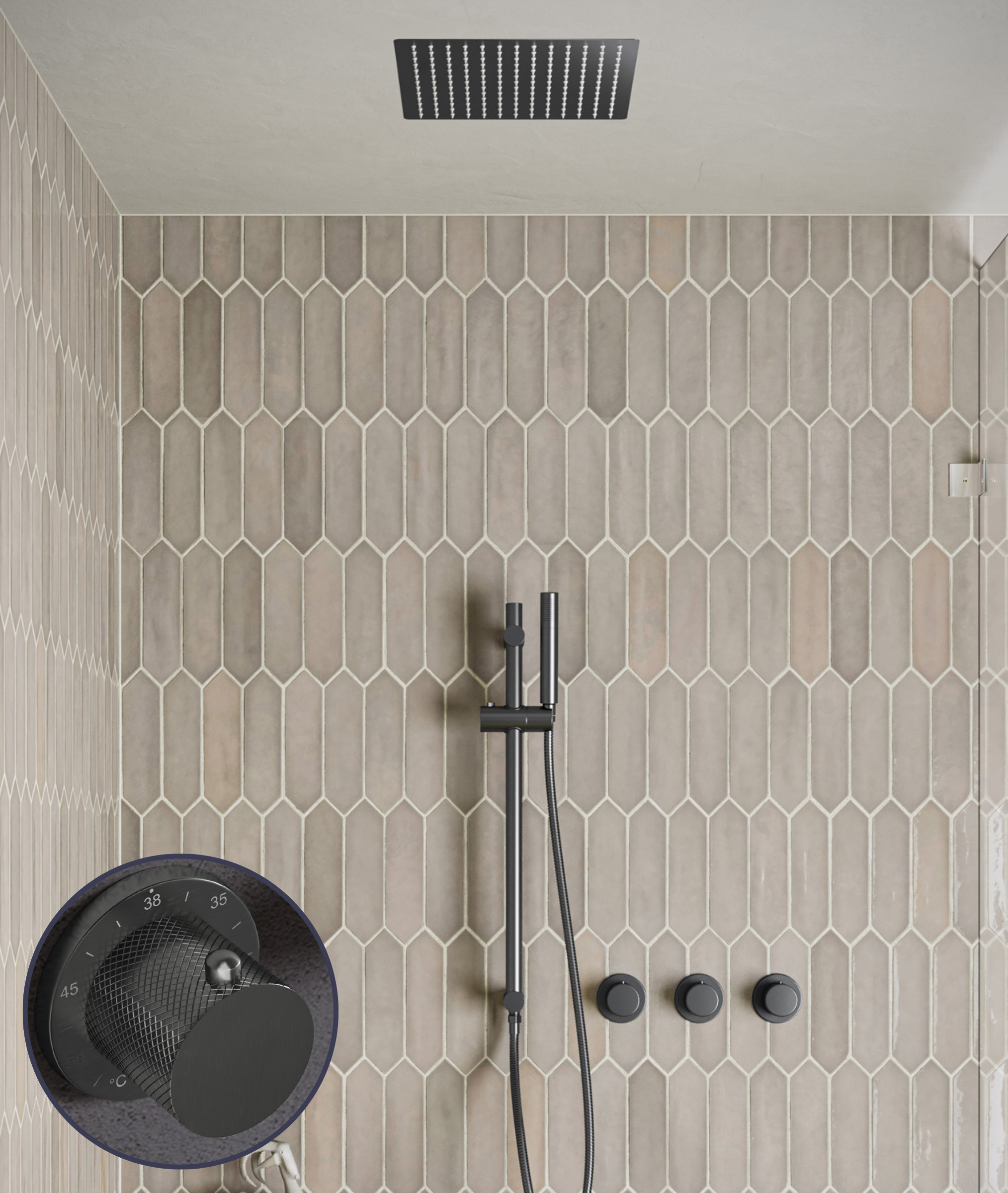 Saniclear Plus Curved inbouw regendouche met inbouw douchekop 30x30cm, glijstang en staafhanddouche verouderd ijzer - gunmetal