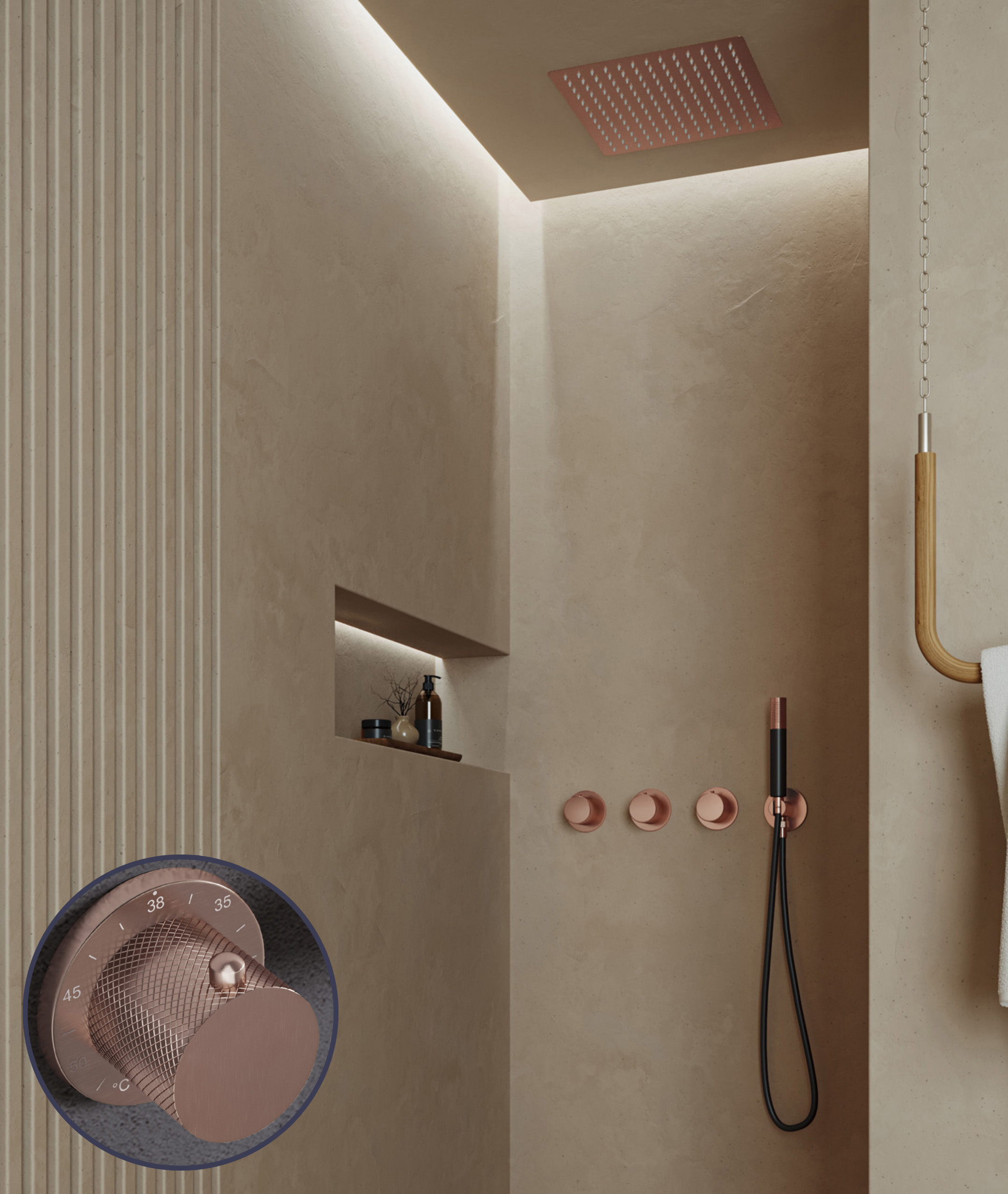 Saniclear Plus Curved Pro inbouw regendouche met inbouw douchekop 30x30cm en staafhanddouche geborsteld koper